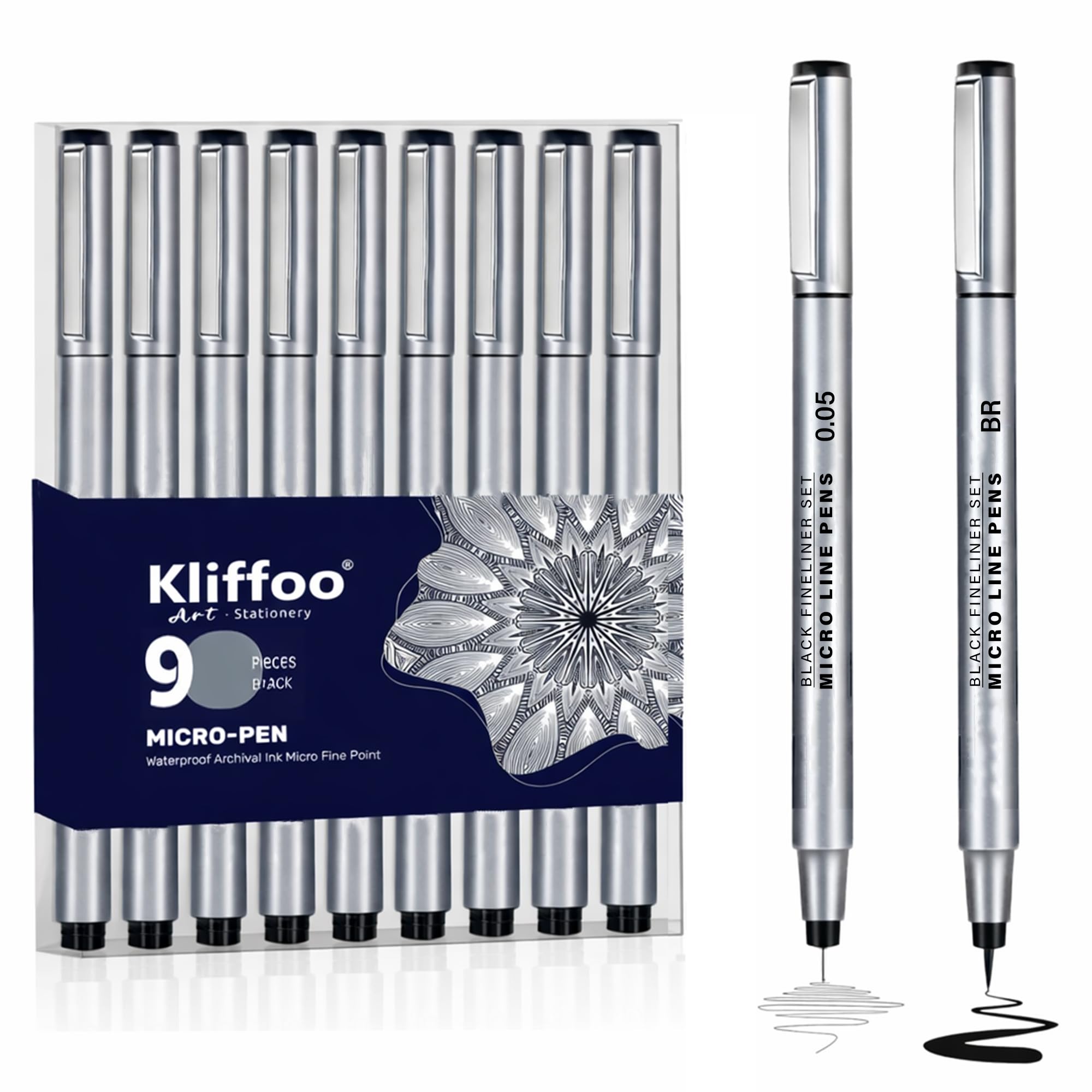 KLIFFOO Micro Fineliner Drawing Art Pens, 9pcs Fine Point Waterproof Archival Black Ink Marker for Artists, Writing, Manga, Sketching, Zentangle & Outlining, Tip Size 0.05mm-0.8mm