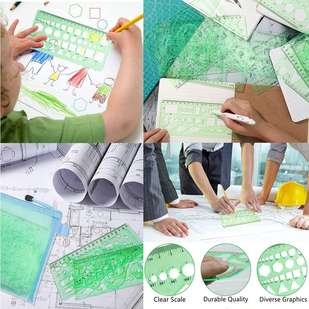 Geometric Drawings Curve Templates Clear Green Plastic Rulers Multi-Function for Office Designing School Building Formwork 1 Set 6Pcs
