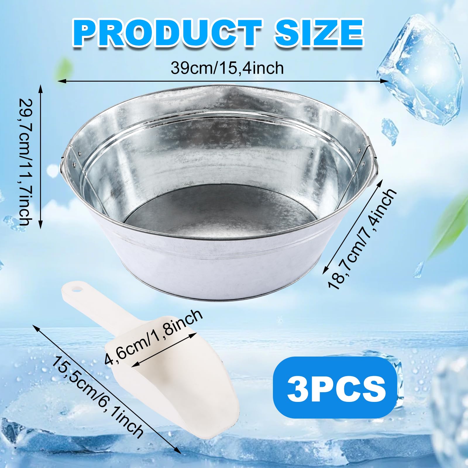 APACALI Lot de 3 bacs à boissons avec anse, bac en zinc avec grattoir à glace, refroidisseur de boisson, seau à champagne étanche, seau à glace pour jardin, fête