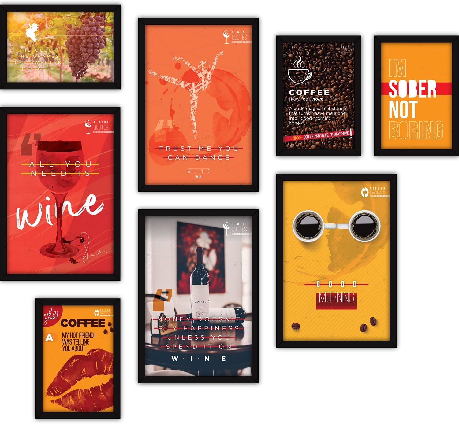 FATMUG Glass Framed Wine Wall Paintings for Room Home Decor (Multicolour, Motivational) - Set of 8