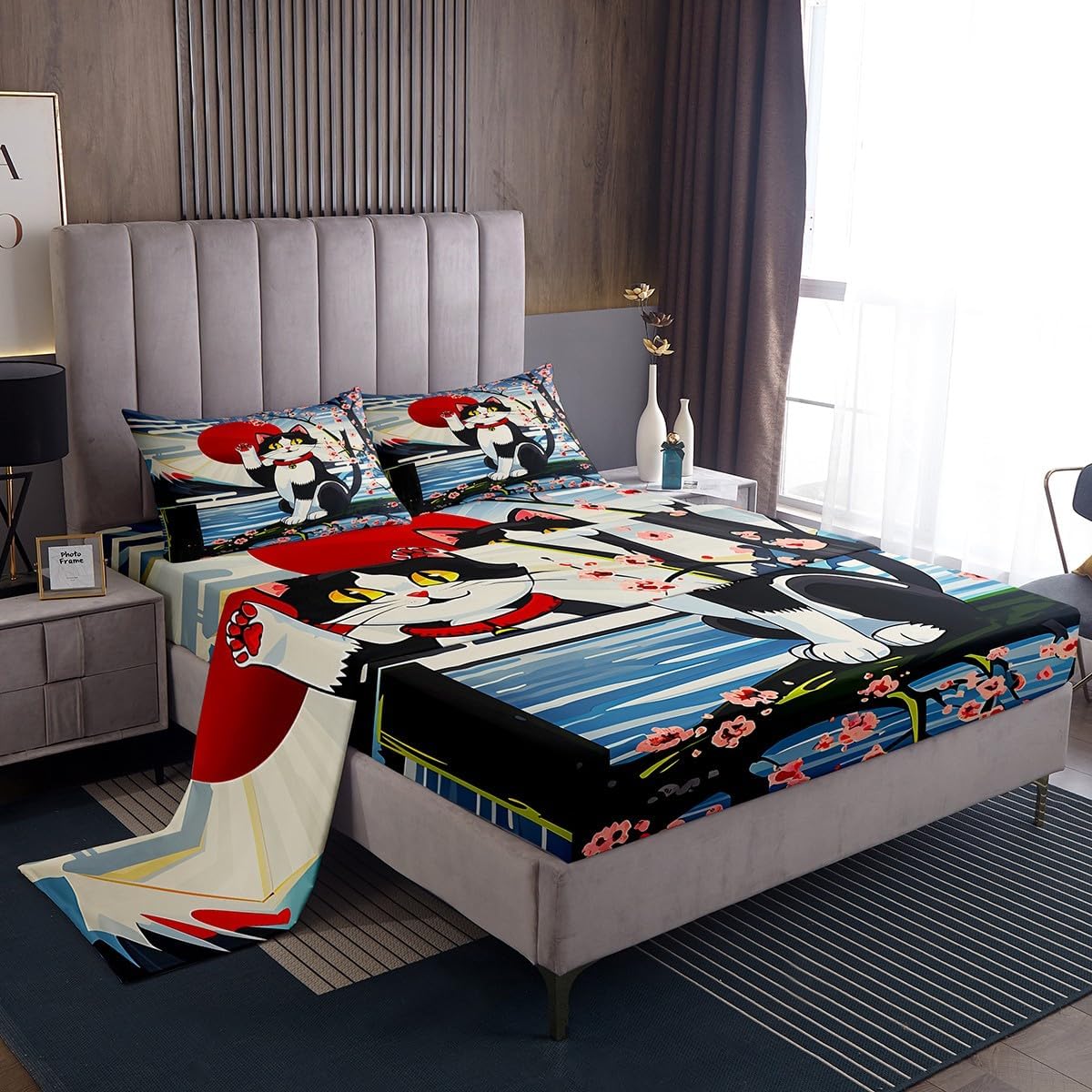 Feelyou Kids Kawaii Cat Anime Sheet Set Queen Size Japanese Retro Funny Cat Bed Sheets Set Boys Girls Japanese Style Sheets with Deep Pocket Fitted Sheet Japanese Wave Sakura Flower Floral Bedding Set