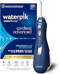 Waterpik Fio dental Advanced 2.0 sem fio para dentes, gengivas, aparelhos, cuidados dentários com bolsa de viagem e 4 pontas, aceito pela ADA, recarregável, portátil e impermeável, azul WP-583,