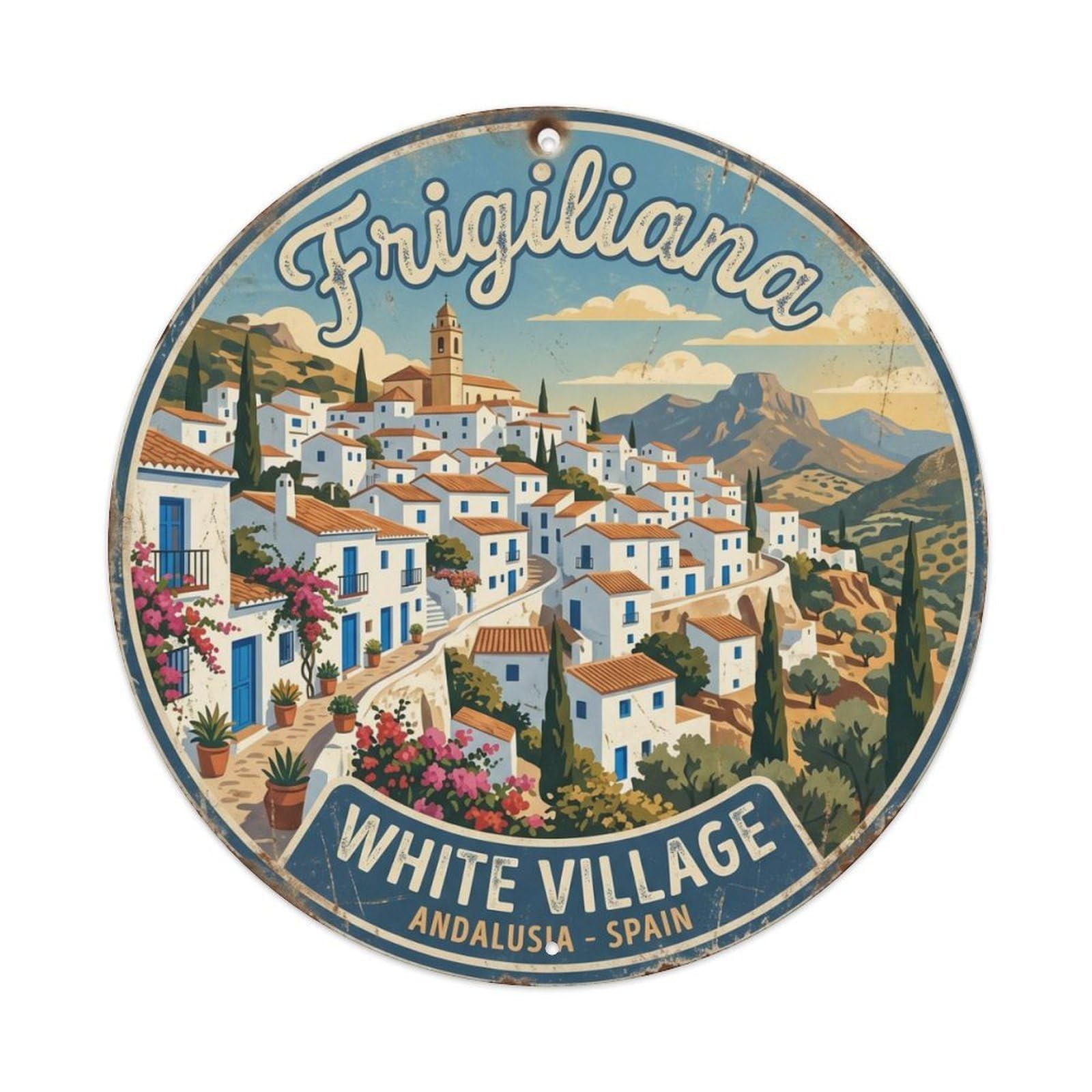 Vintage Travel Whitewashed Spain Village Metal Tin Sign Plaque Wall Decor for Cafe, Club, Garden Round Metal Poster 8x8Inch