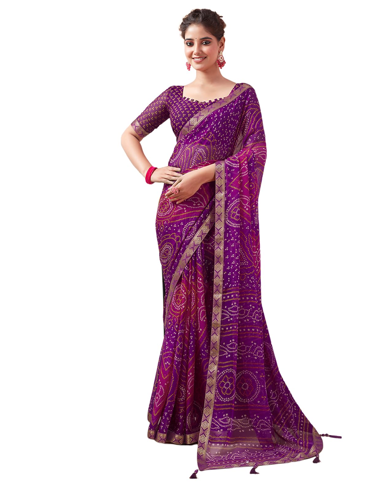 SAMAH Women's Bandhani Printed | Leheriya Printed Chiffon Saree with Unstitched Blouse Piece
