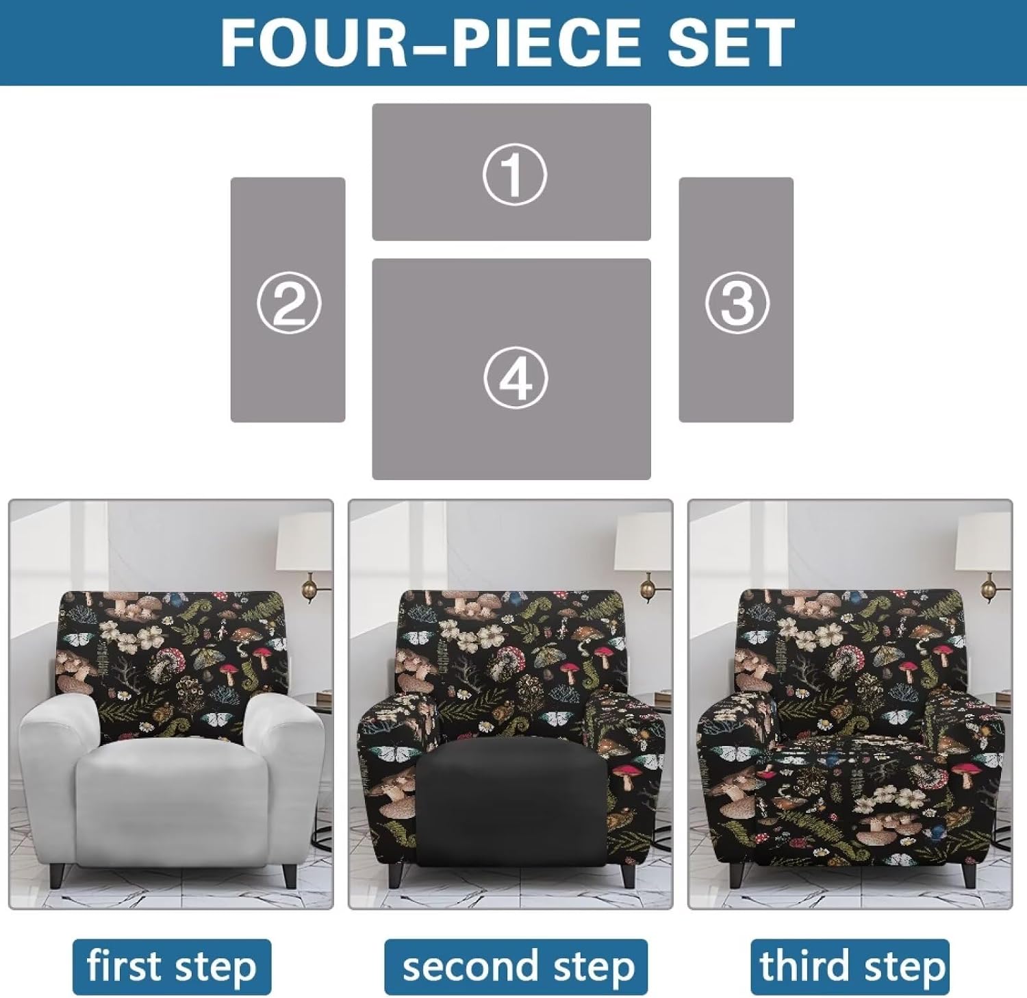 Mushroom Print Covers for Recliners Reclining Chair Cover 4pc Western Couch Cover Large Recliner Non-Slip Stretch Slipcover with Elastic