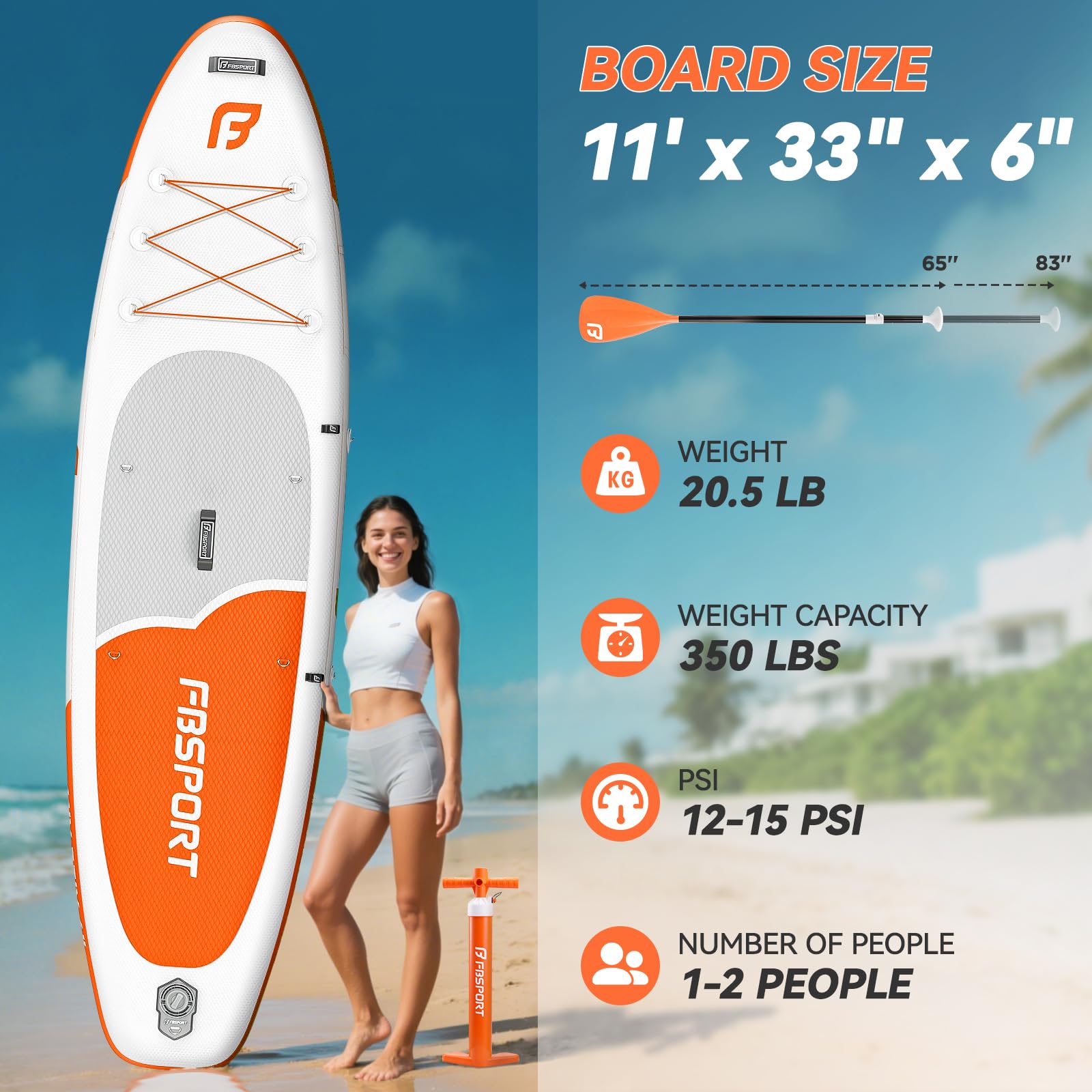 FBSPORT Tavola SUP Gonfiabile Adulti 335 cm, Extra Larga 15 cm, Capacità 160 kg, Set Completo con Pagaia e Pompa