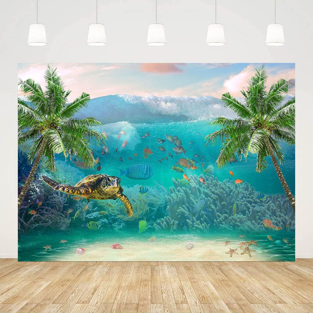 ABLIN 7x5ft Summer Underwater Photography Backdrop Sea Waves Under The Sea Turtle Fishes Palm Trees Corals Photo Background Beach Ocean Theme Birthday