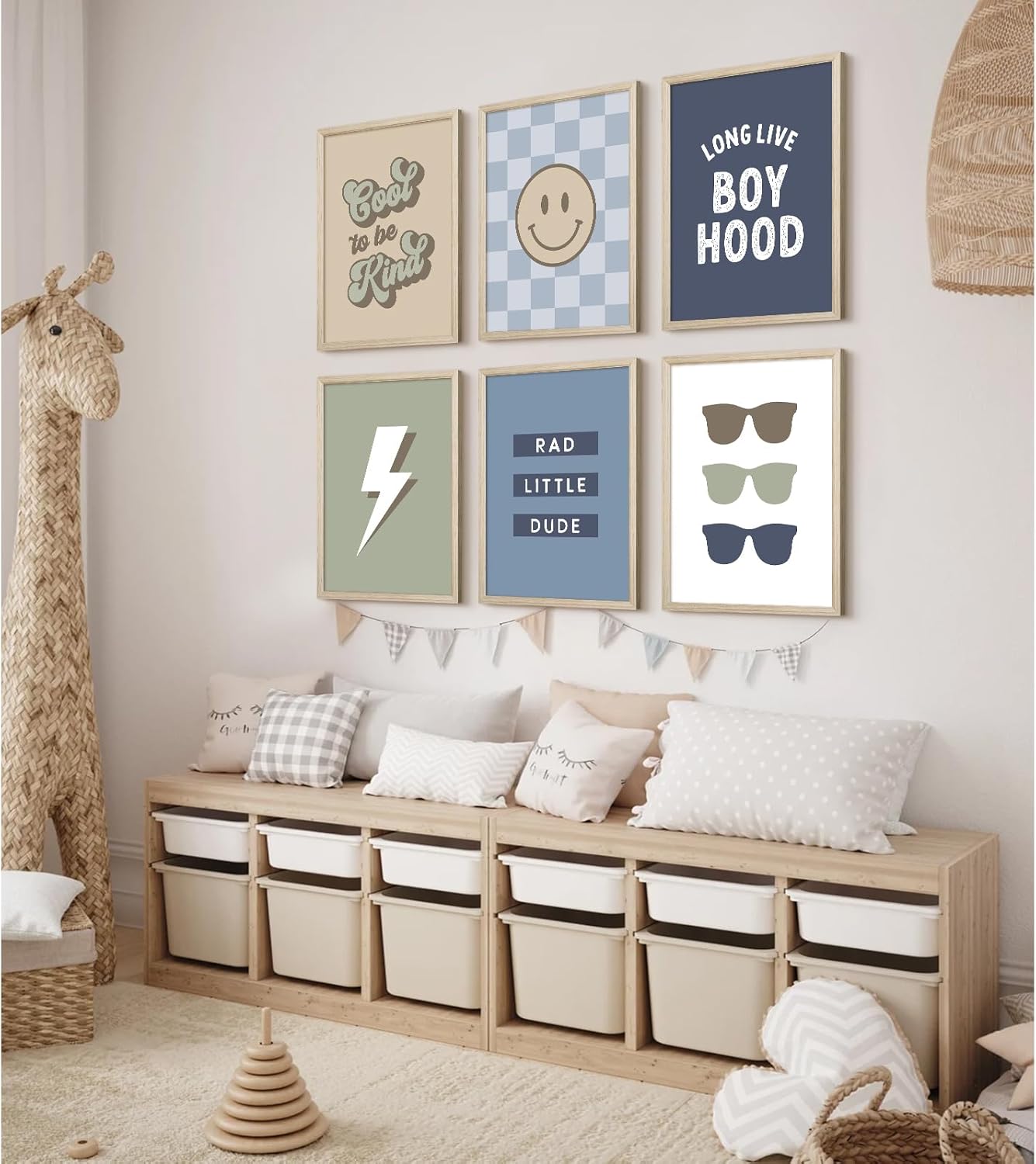 Boy Nursery Wall Art Decor Toddler Baby Boy Room Canvas Pictures Blue Cool Nursery Poster Teen Playroom Prints Long Live Boyhood Artwork for Kids Bedroom 12x16 Inch Wood Framed Set of 6