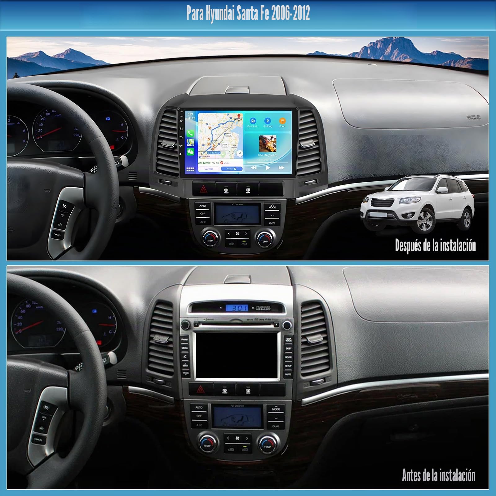 8 Core 4G+64G Android 15 para Hyundai Santa Fe 2006-2012con Navi Carplay Android Auto, 9 Pulgadas Pantalla Doble DIN autoradio con Bluetooth5.0 FM/RDS EQ DSP SWC