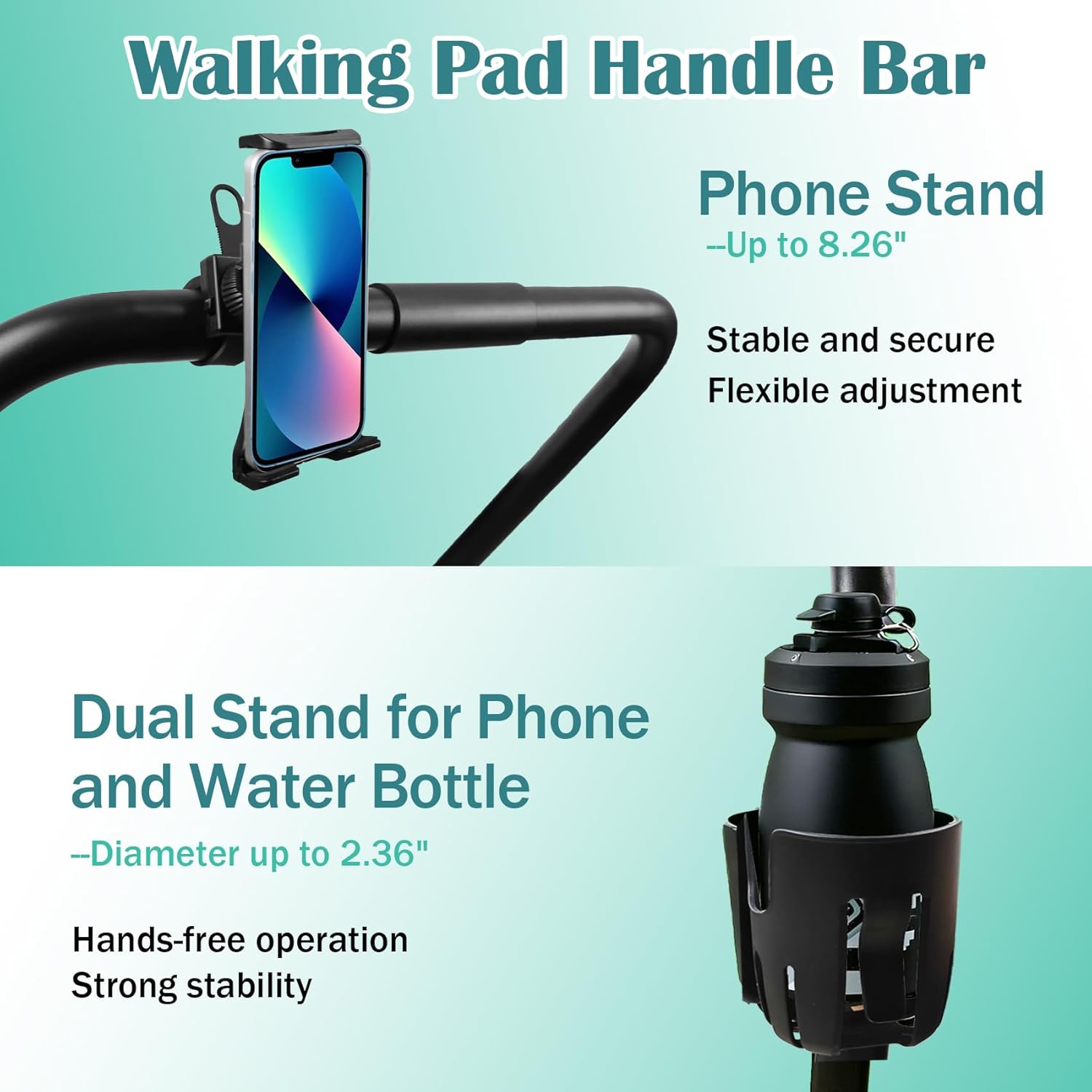 Walking Pad Handle Bar Attachment Only, with Phone and Water Bottle Holders, Fits Walking Mats Up to 21.5", Adjustable Treadmill Handlebar, Treadmill Stand Feet with Non-Slip Rubber, Easy to Assemble Walking Pad with Phone and Cup Holder