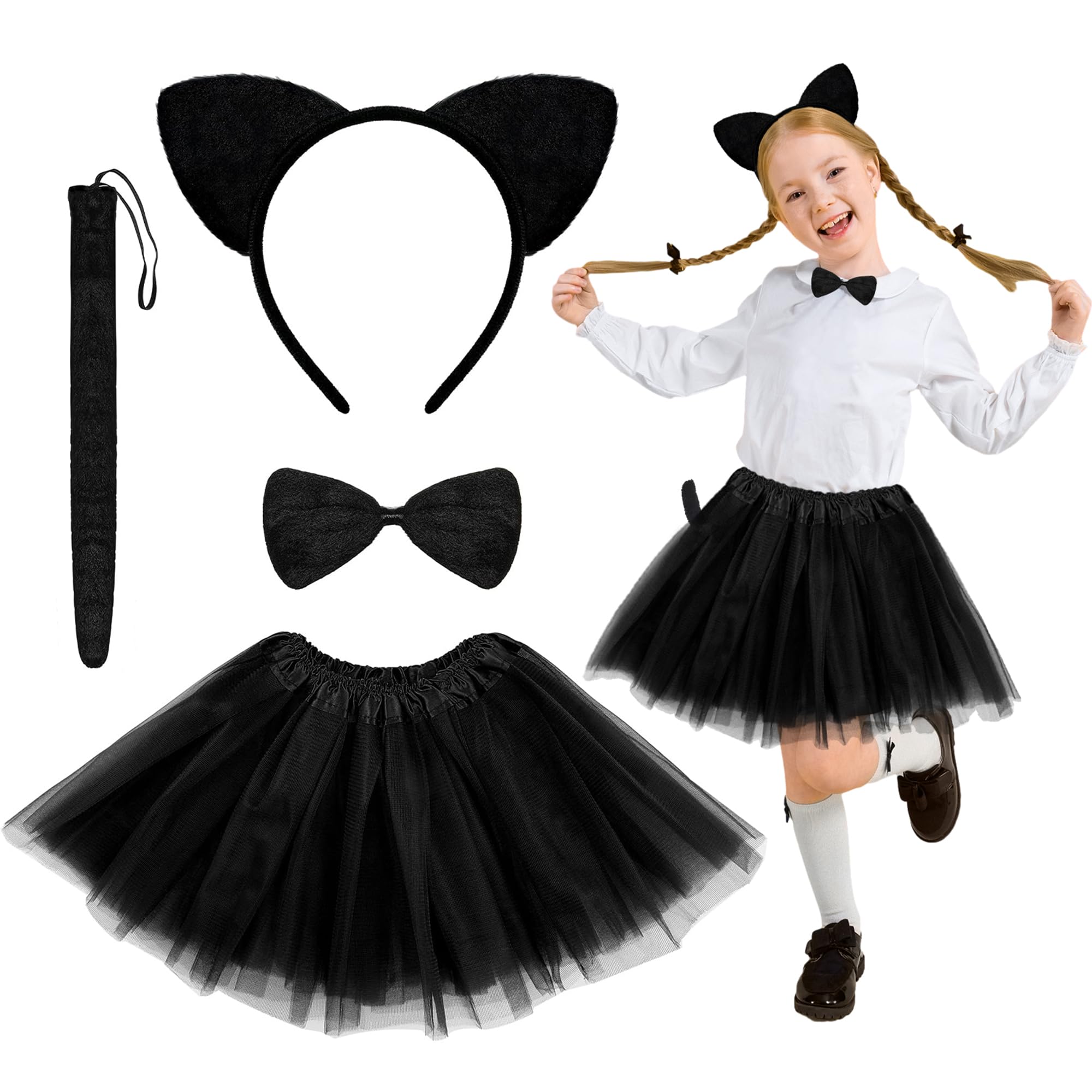 Schwarzes Katzenkostüm Für Mädchen – Mit Tutu-Rock, Katzenohren, Schwanz & LED, Größe M