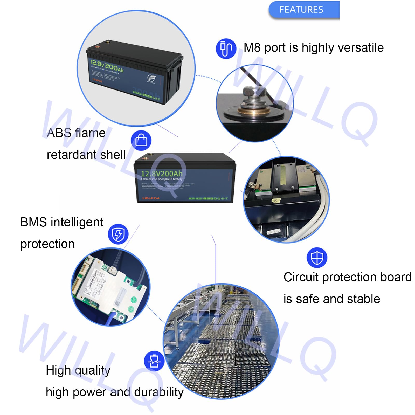 Batteria al Litio LiFePO4 12V 200Ah Integrata 200A BMS Alta Potenza 2000+ cicli Profondi Perfetta per Batteria di Backup 12,8V per Applicazioni off-Grid Camper Solare Marino
