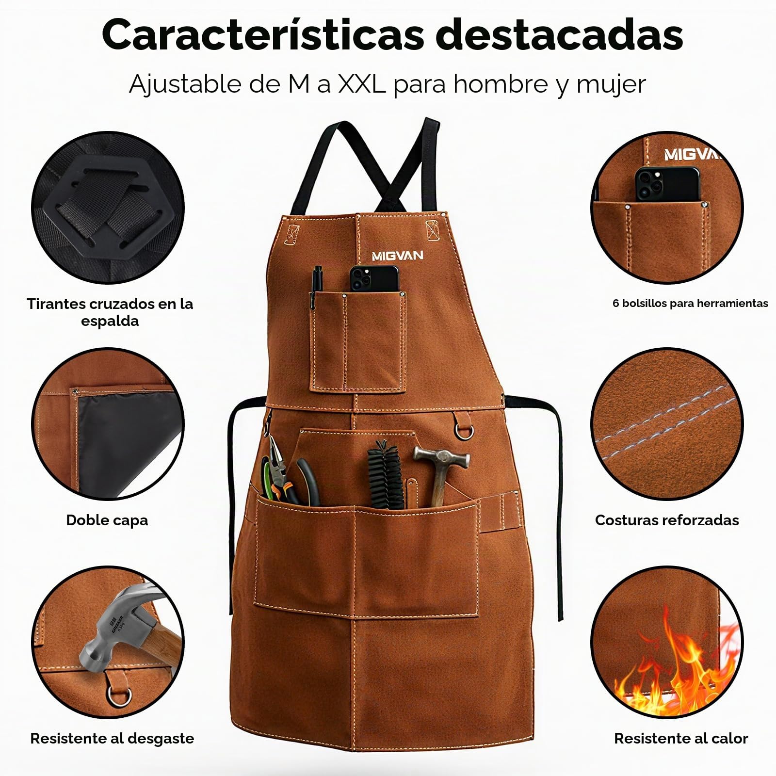 Delantal de soldadura de cuero vacuno – Delantal ignífugo y resistente al calor con 10 bolsillos, ajustable talla M a XXL para taller, soldar, jardín y garaje – 61x91 cm