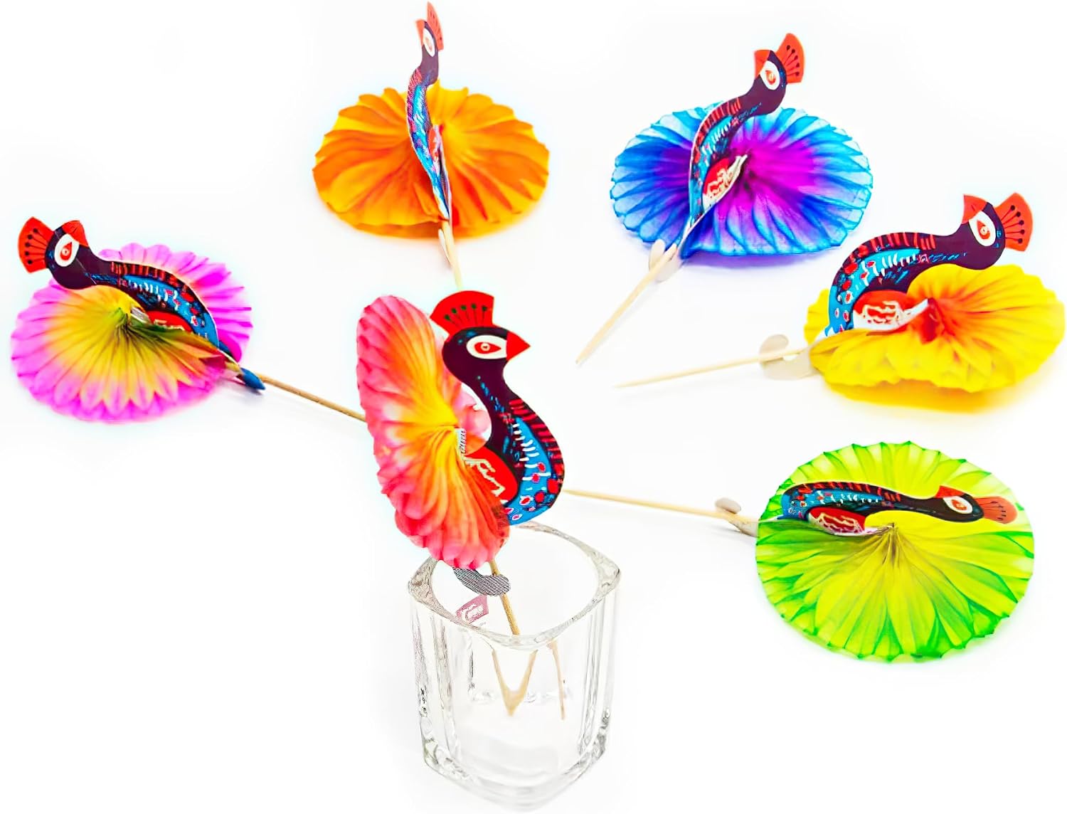 50 PCS Hawaiian Peacock Bamboo Skewers – 15cm Tropical Peacock-Shaped Cocktail Picks for Appetizers, Desserts, Drinks, Luau & Tiki Party Supplies