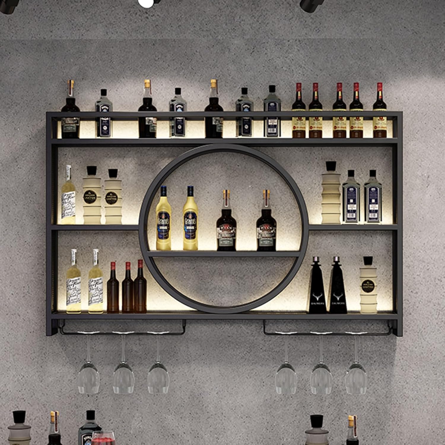 LED Lighted Liquor Bottle Shelf,Bar Shelves Wall Mounted,Metal Wine Bottle & Glass Rack Bottle Display Shelf,Iron Wine Bottle Display Rack,for Living Room Dining Room Kitchen ( Color : Black , Size :