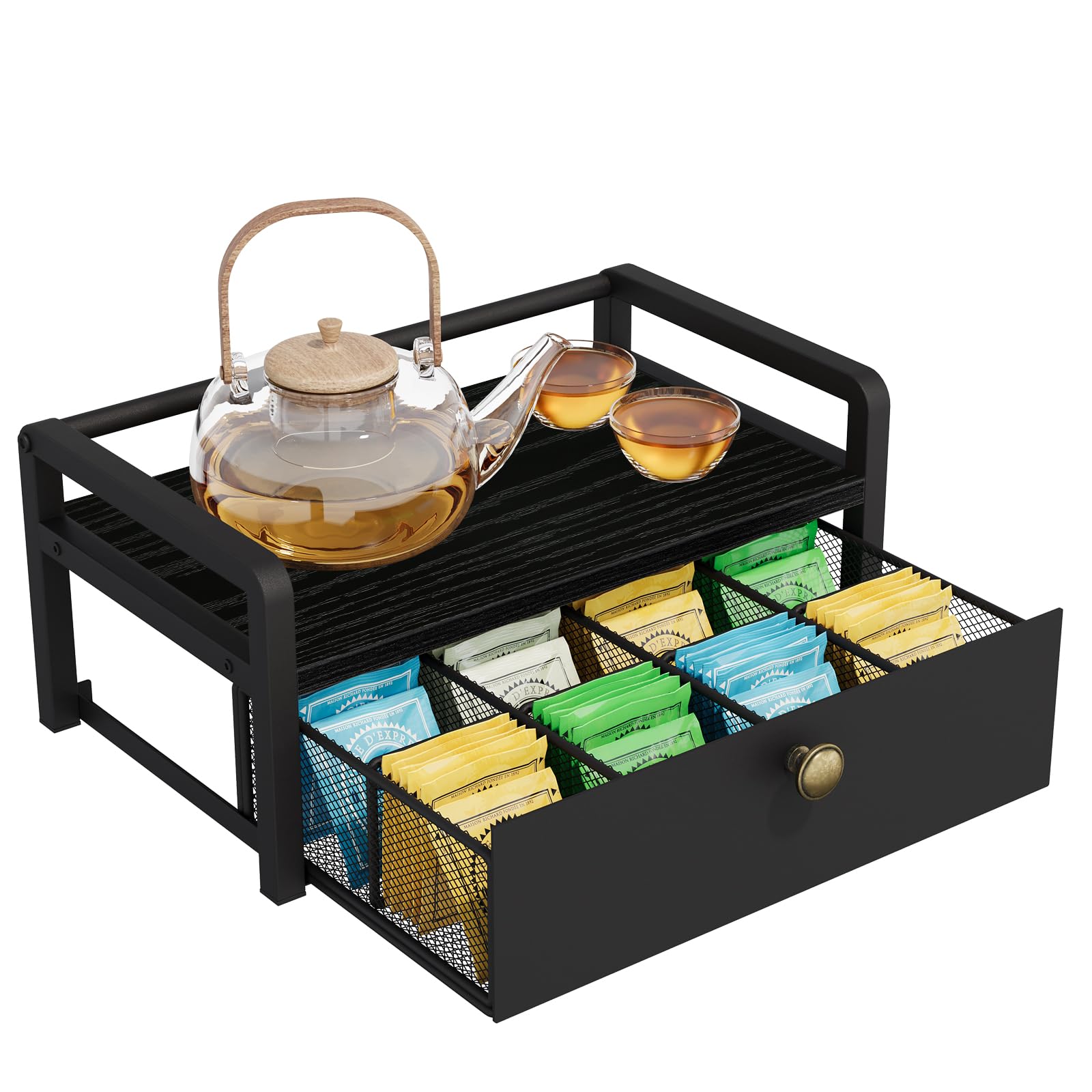 YINMIT Boîte de rangement pour sachets de thé, avec tiroir à 8 compartiments | Boîte à thé en bois et métal et coffre de rangement, organisateur de station à thé pour comptoir de cuisine, noir