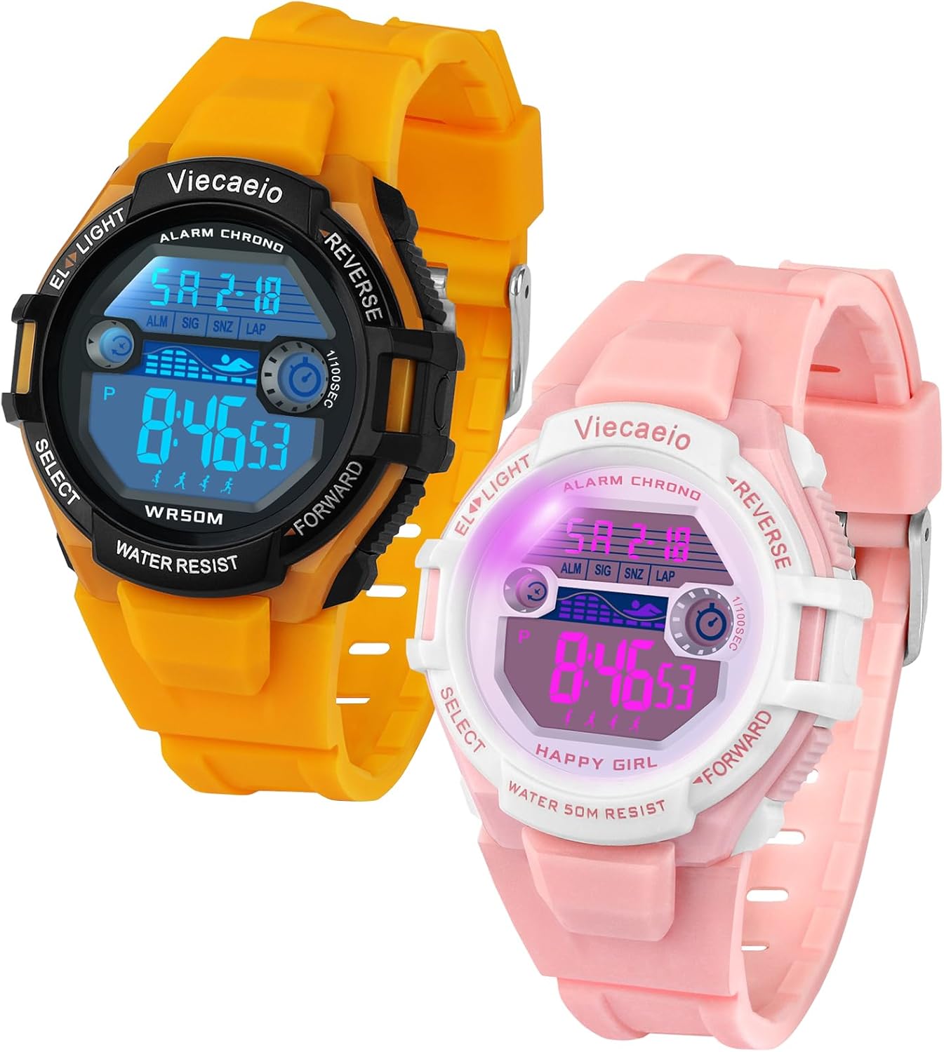 Kids Digital Watch for Boys Girls Ages 5-18, 50M Waterproof & Shockproof Sports Watch with 7-Color LED Backlight, Alarm, Stopwatch, Calendar, 2 Soft BPA-Free Silicone Straps
