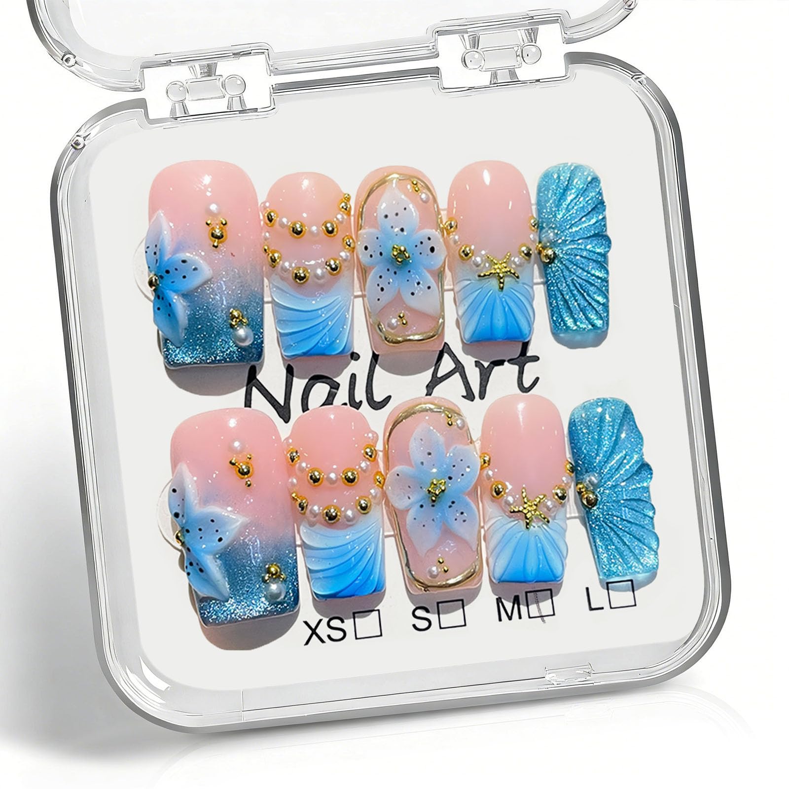 Photo 1 of 10 Pcs Handmade Press on Nails Medium Square Fake Nails with 3D Flower Curves French Tip Design Blue Cat's Eye Glitter False Nails Pink Acrylic Press Ons Nails Square for Women M Size