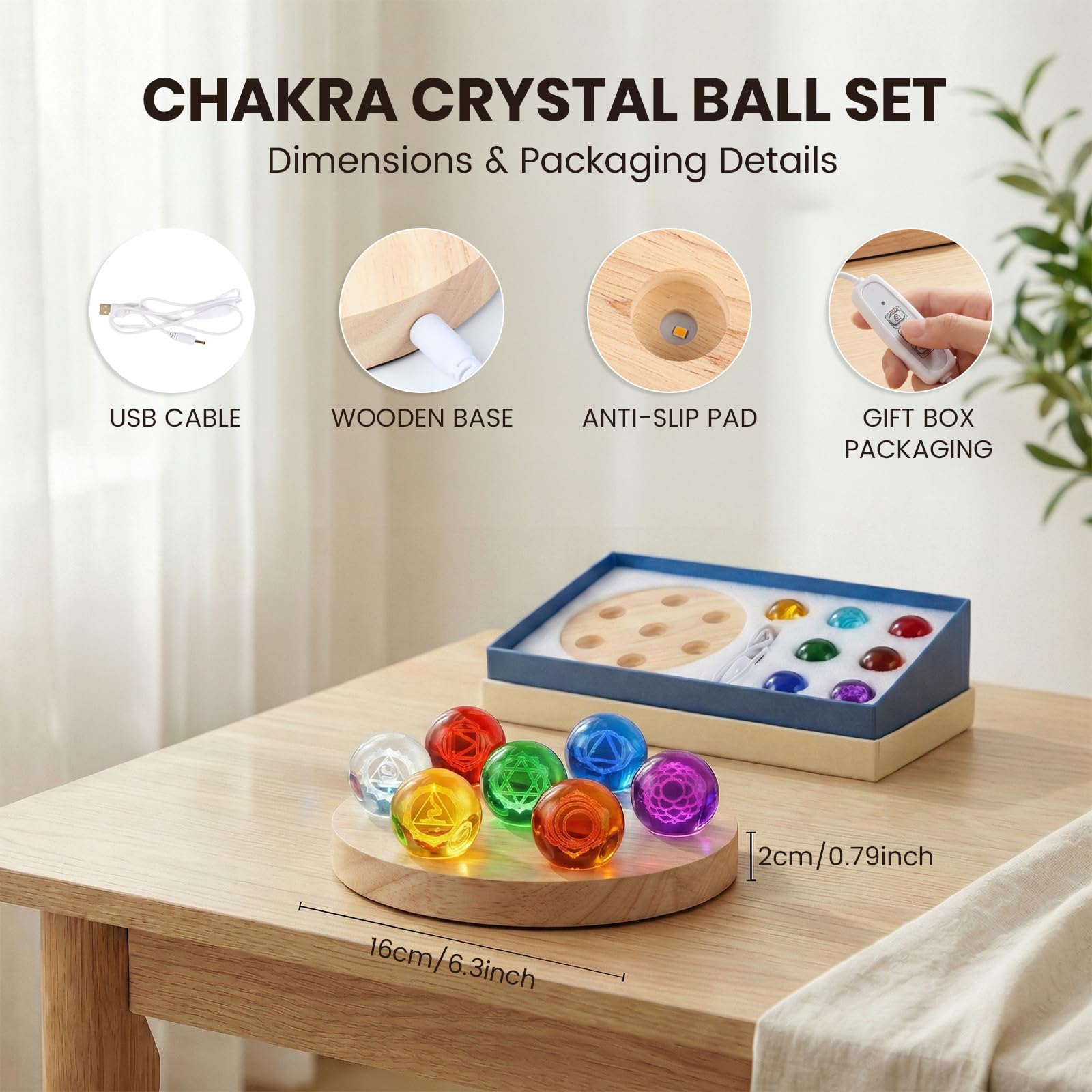 Hivexagon Bola de cristal de 7 chakras de 40 mm con base de madera. Incluye regulador de intensidad y temporizador para meditación. decorativa. Regalo (Round)