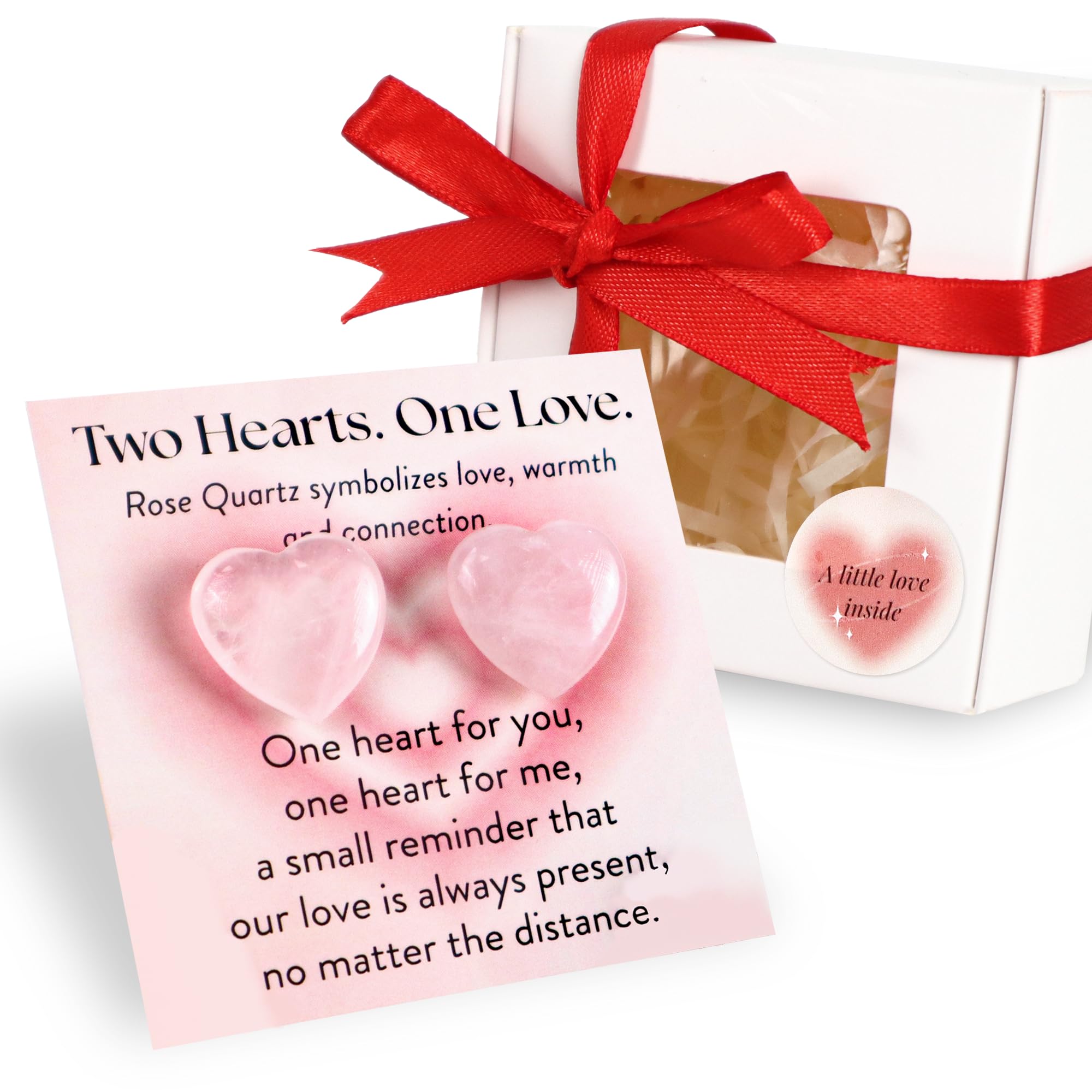 Rose Quartz Pocket Hearts with Greeting Card, Two Hearts One Love, Anniversary Love Stone, Healing Pink Heart Crystal Keepsake,Valentine Day Gifts for Her Him Husband Wife, for Couple