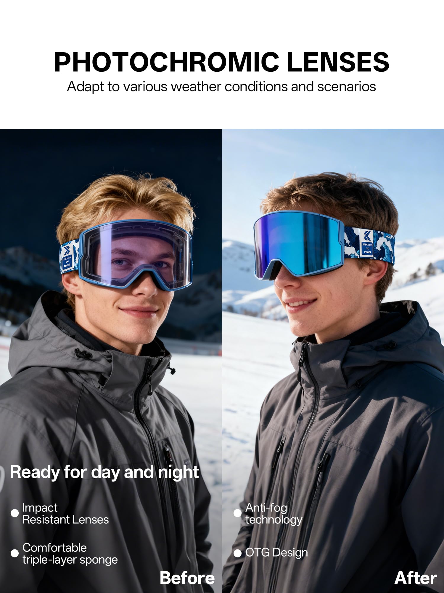 KAPVOE Gafas de Esquí Fotocromáticas y de Colores Antivaho UV400 Diseño OTG para Hombres Mujeres y Adolescentes para Esquí y Snowboard K722