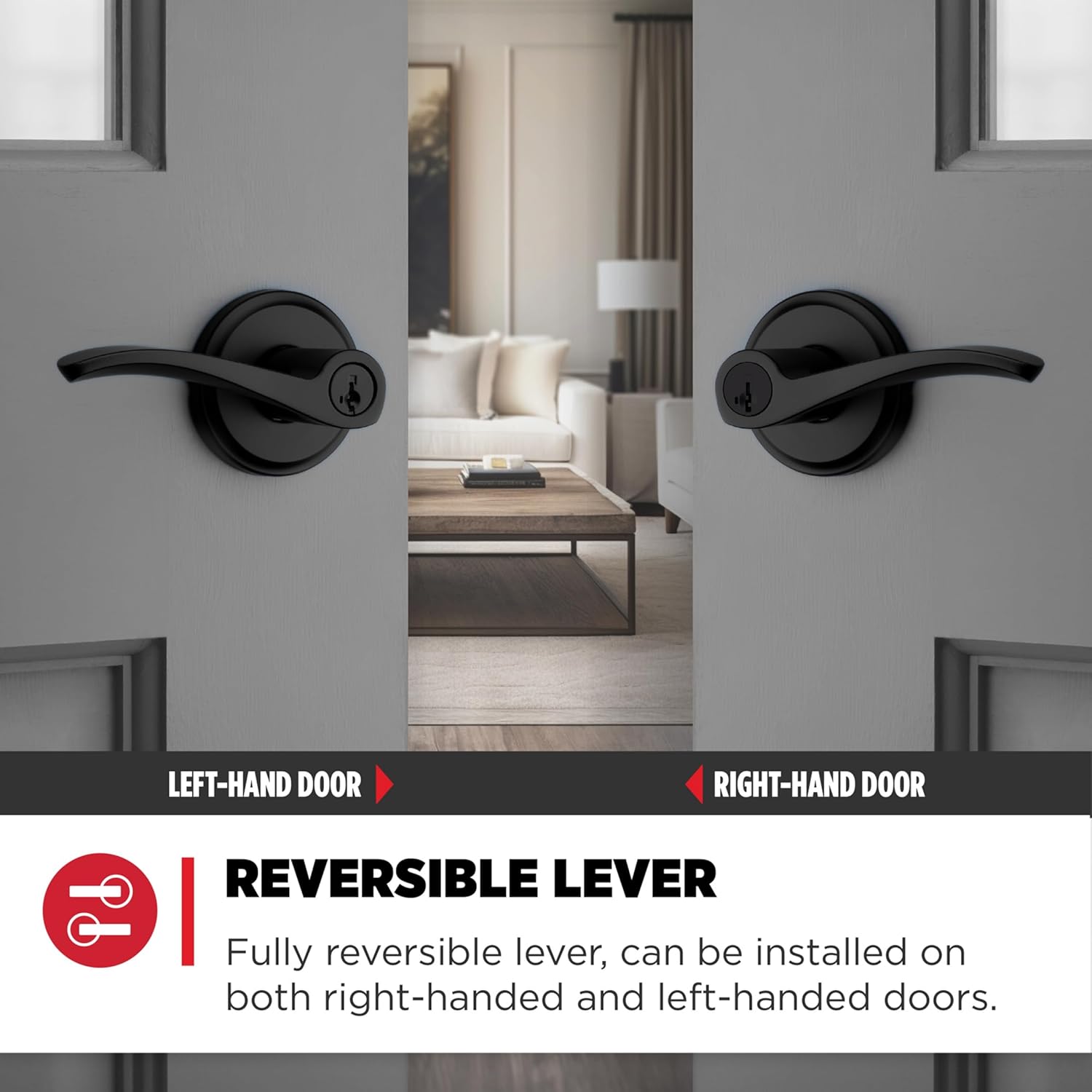 Kwikset Sedona Entry Door Handle with Lock and Key, Secure Keyed Reversible Lever Exterior, for Front Entrance and Bedrooms, Matte Black, Pick Resistant Smartkey Rekey Security and Microban