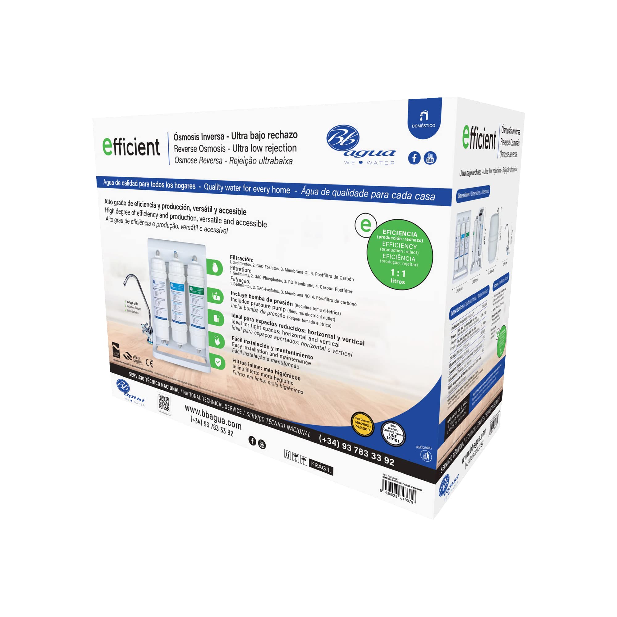 Efficient. Equipo de Osmosis Inversa doméstico de 4 Etapas. Fácil Instalación y cambio de Filtros. Colocación bajo encimera. Incluye Filtros, Membrana y Post Filtro. Bbagua.