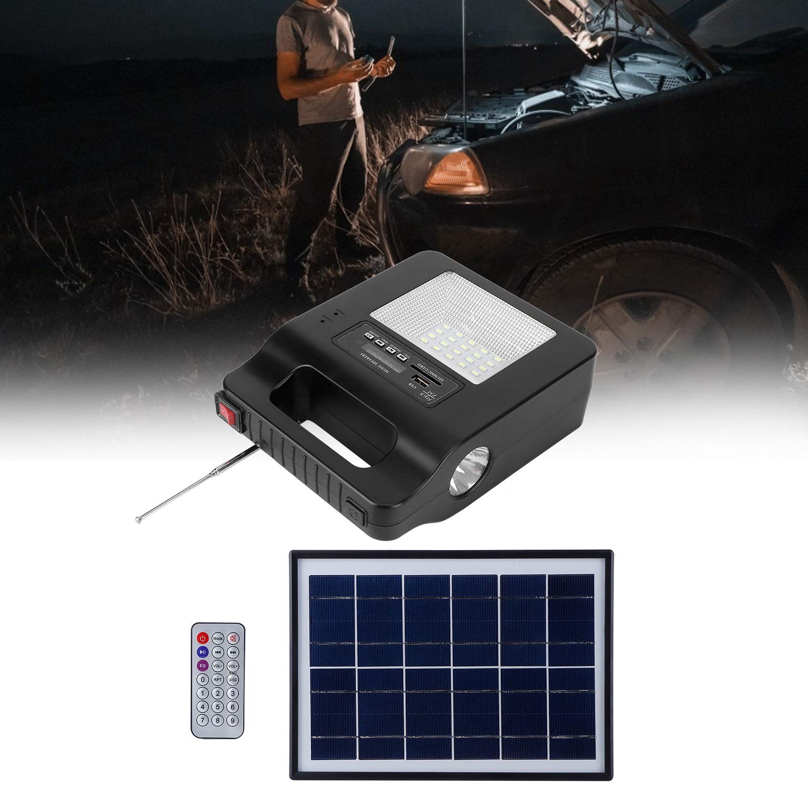 Générateur Solaire Portable Power Station Générateur de Batterie Portable avec Générateur Solaire avec Haut-parleur FM Chargeur USB Ampoule de Panneau Solaire pour L'extérieur Camping Voyage D'urgence