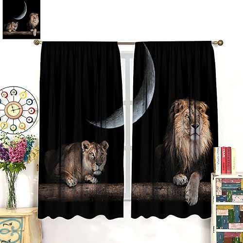 Miniatura 7 de Cortinas de león, luna brillante, pareja, león 3D, tratamientos de ventana de vida silvestre, sala de estar, dormitorio, cortinas opacas
