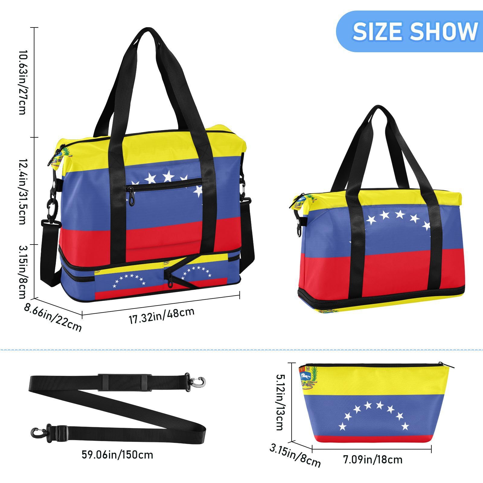 Venezuela - Bolsa de viaje de gran tamaño con bolsillo húmedo ajustable, correa ajustable para el gimnasio, viaje en avión, viajes, 2 piezas, para hombres y mujeres