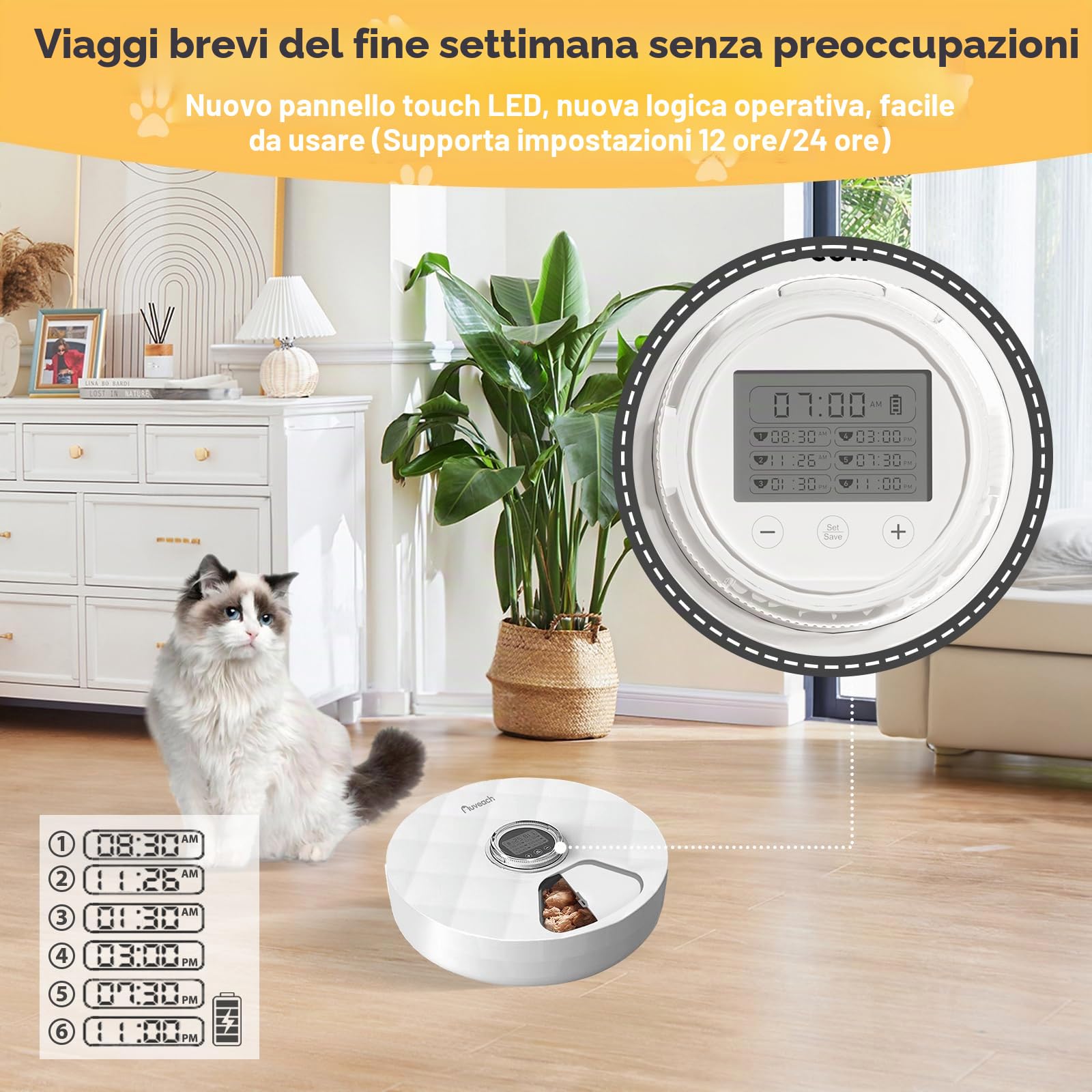 Distributore Automatico Cibo Gatti Umido Dispenser Crocchette Gatto Refrigerante senza Fili con Timer Programmabile, 6 Pasti Freschi