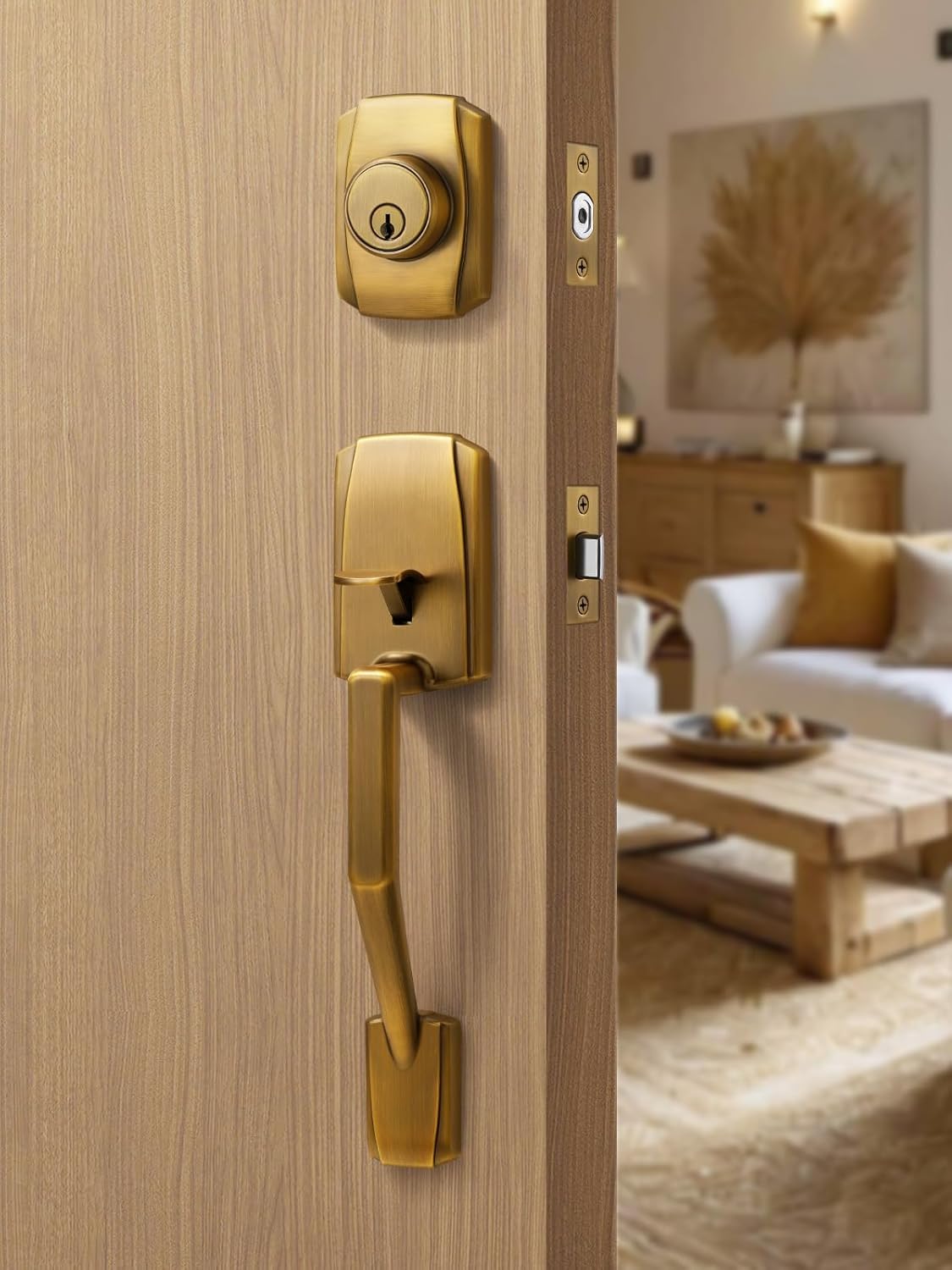 1 Pack Antique Brass Entry Door Handle and Deadbolt Set Reversible Lever Bronze Front Handleset with Lock and Key Single Cylinder