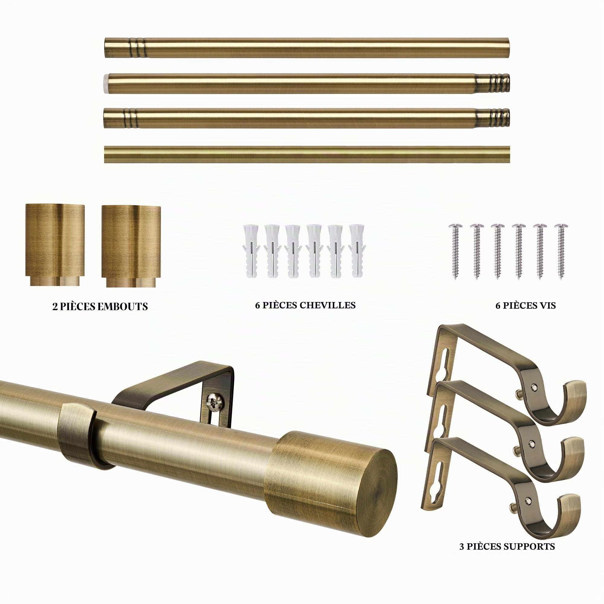 Tringle à rideaux avec embouts décoratifs de 2,54 cm de diamètre en laiton antique extensible de 76 à 320 cm avec 3 supports. Tringle à rideaux robuste de 30 à 126 pouces pour salon, chambre, cuisine