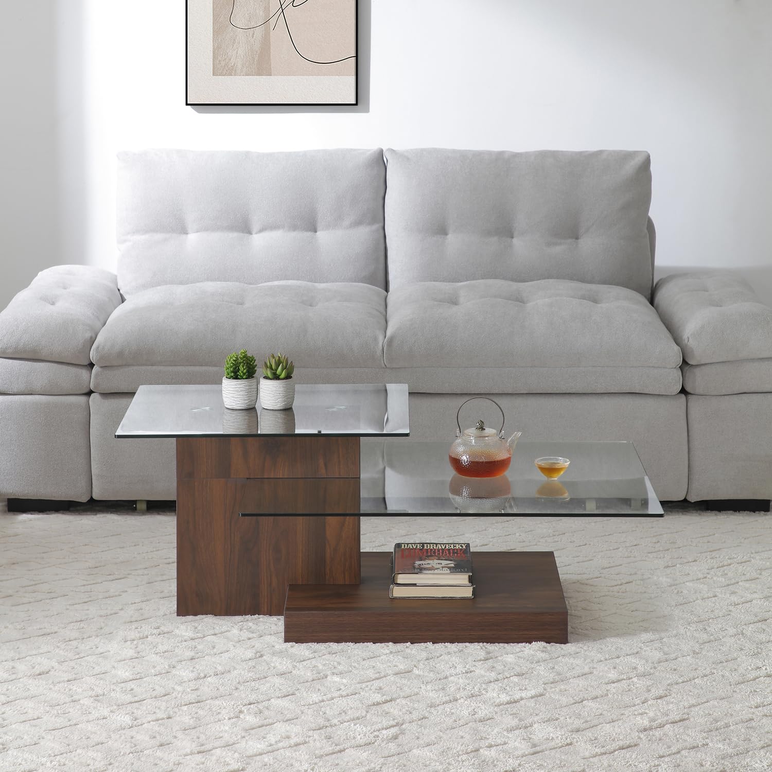 Glass Coffee Table with Storage, 44 Inch Rectangular Coffee Tables for Living Room, 3-Tier Tempered Glass Wooden Center Table Modern Accent Cocktail