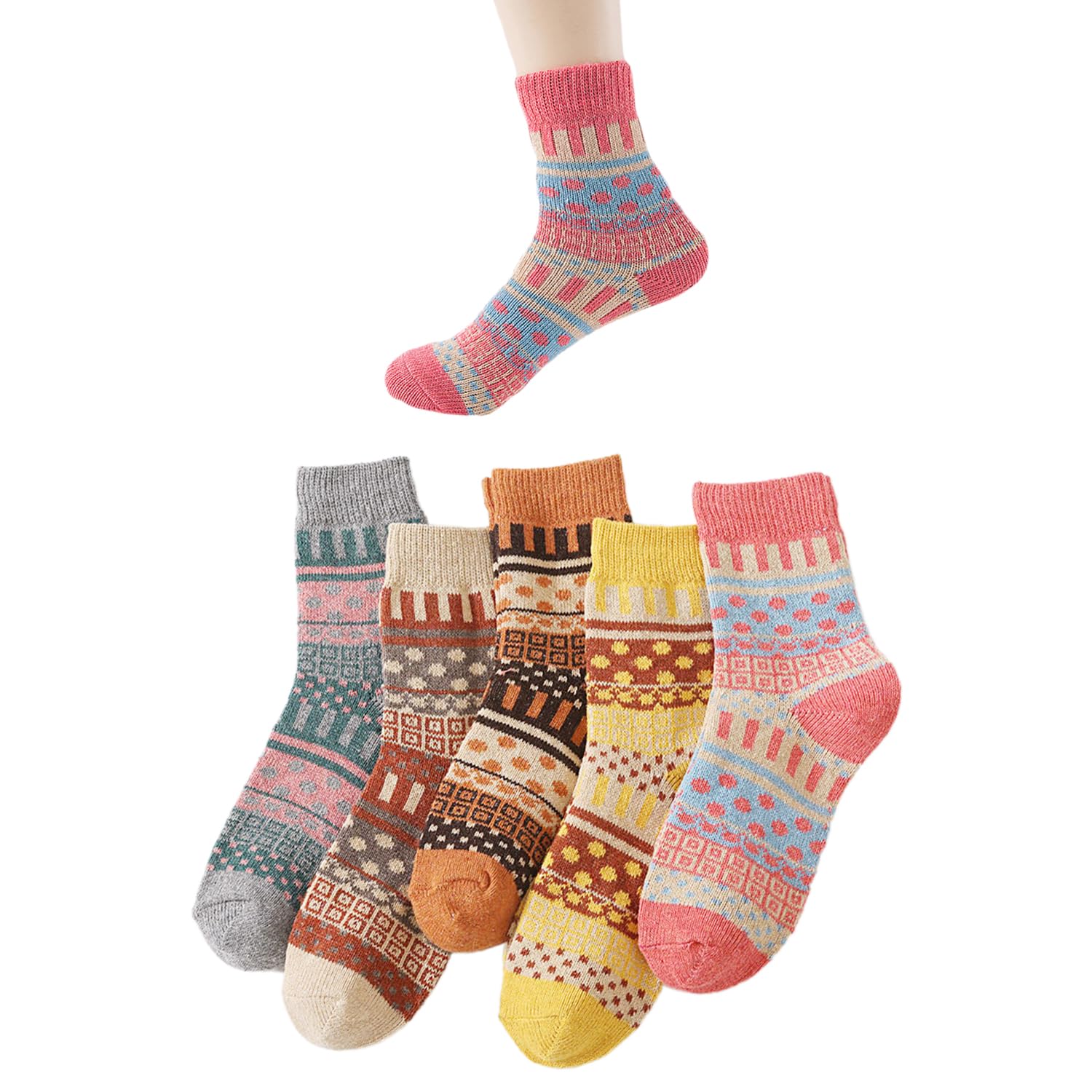 Ysdyy Unisex Multicolor 5 Pairs Of Retro Socks, Fleece Thermal Socks, Knitted Wool Socks, Soft Women's Socks, Winter Socks