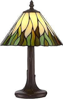Robert Louis Tiffany Foglia Cottage Antique Tiffany Style Mini Accent Table Lamp 14 1/2" High Brown Tree Bark Green Yellow Stained Glass Shade Decor for Bedroom House Bedside Nightstand Home Office