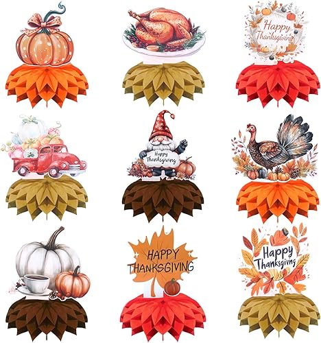 Juego de 9 decoraciones para fiesta de Acción de Gracias, suministros de mesa de panal de otoño, accesorios para festival de cosecha de otoño