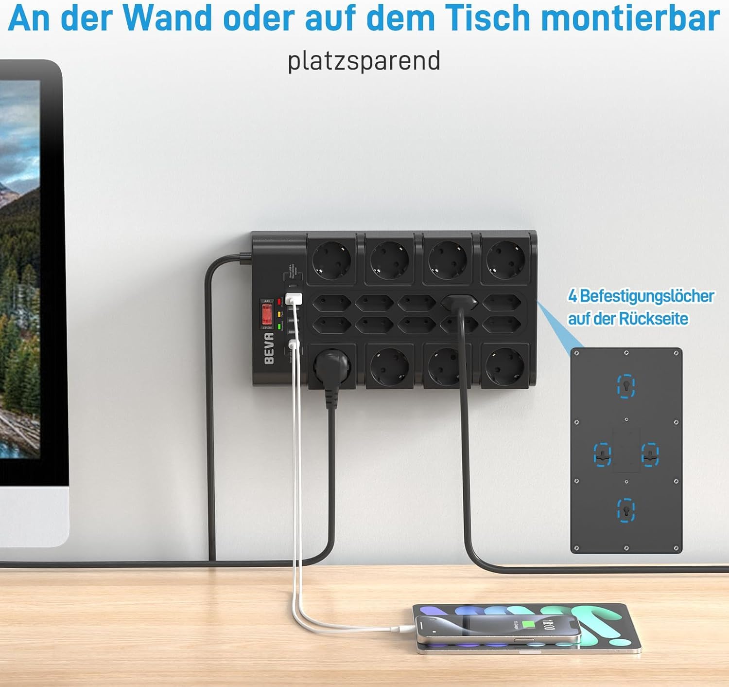 BEVA 18 Fach Steckdosenleiste 3680W/16A, Mehrfachsteckdose mit USB,4M Kabel | 2100J Steckdosenleiste Überspannungsschutz ,Mehrfachstecker mit Schalter und 2 USB-C (15W)+4 USB-A, für Büro und zu Hause
