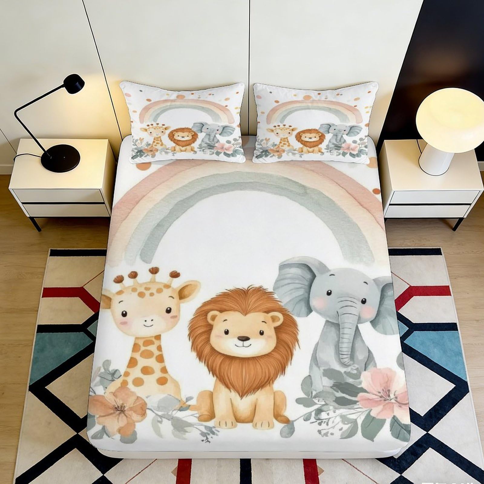 3D Printed Safari Animals Fitted Sheet Microfiber Soft Lion Elephant Giraffe Bed Cover for Bedroom Dorm Decor 90x200x25cm