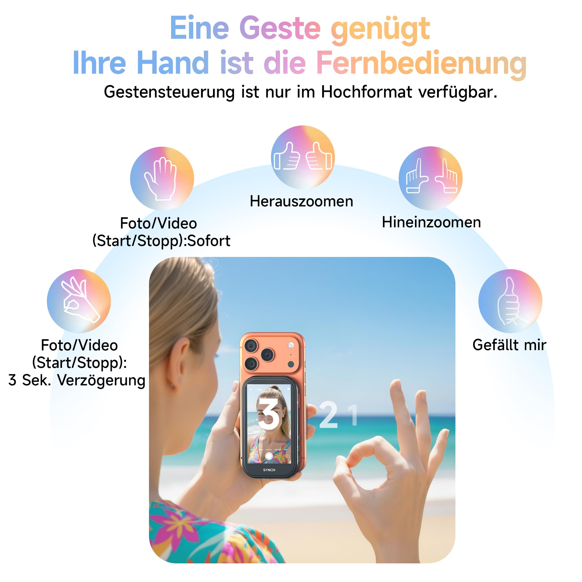 SYNCO XView M4 AI Selfie Monitor mit magnetischem Licht für iPhone und Android, Kabellose Gestensteuerung, 4K ohne Verzögerung, Selfies mit der Rückkamera, 3h Akku, für YouTube TikTok (Schwarz)