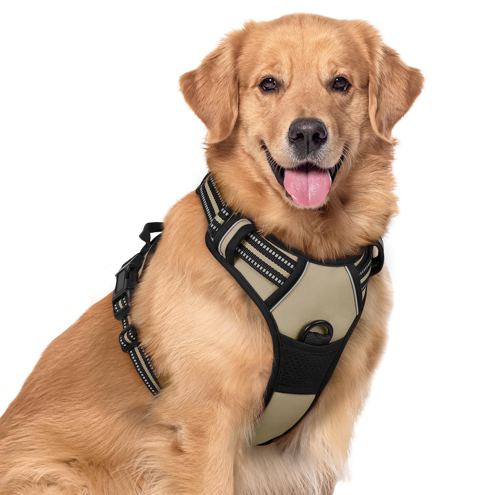 rabbitgoo Dog Harness No Pull with 2 Leash Clips, Adjustable Soft Padded, Reflective Oxford No Choke Pet Vest with Easy Control Handle for Large Dogs, Beige, XL