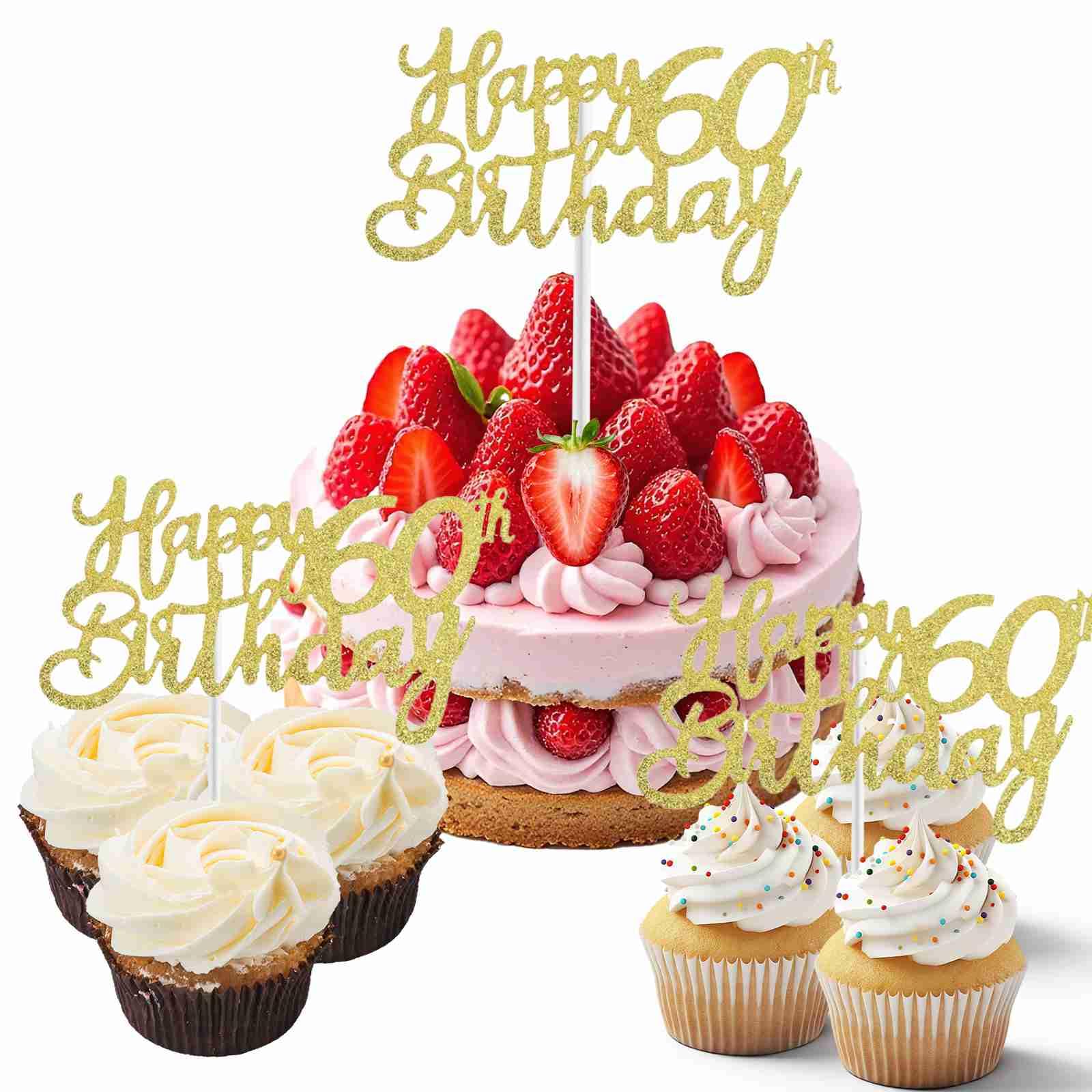 60th Birthday Cake Topper 3 Pack Glitter Gold Happy 60th Cake Decorations Elegant Glittering Script Design For Milestone Celebrations Anniversaries And Special Cakes