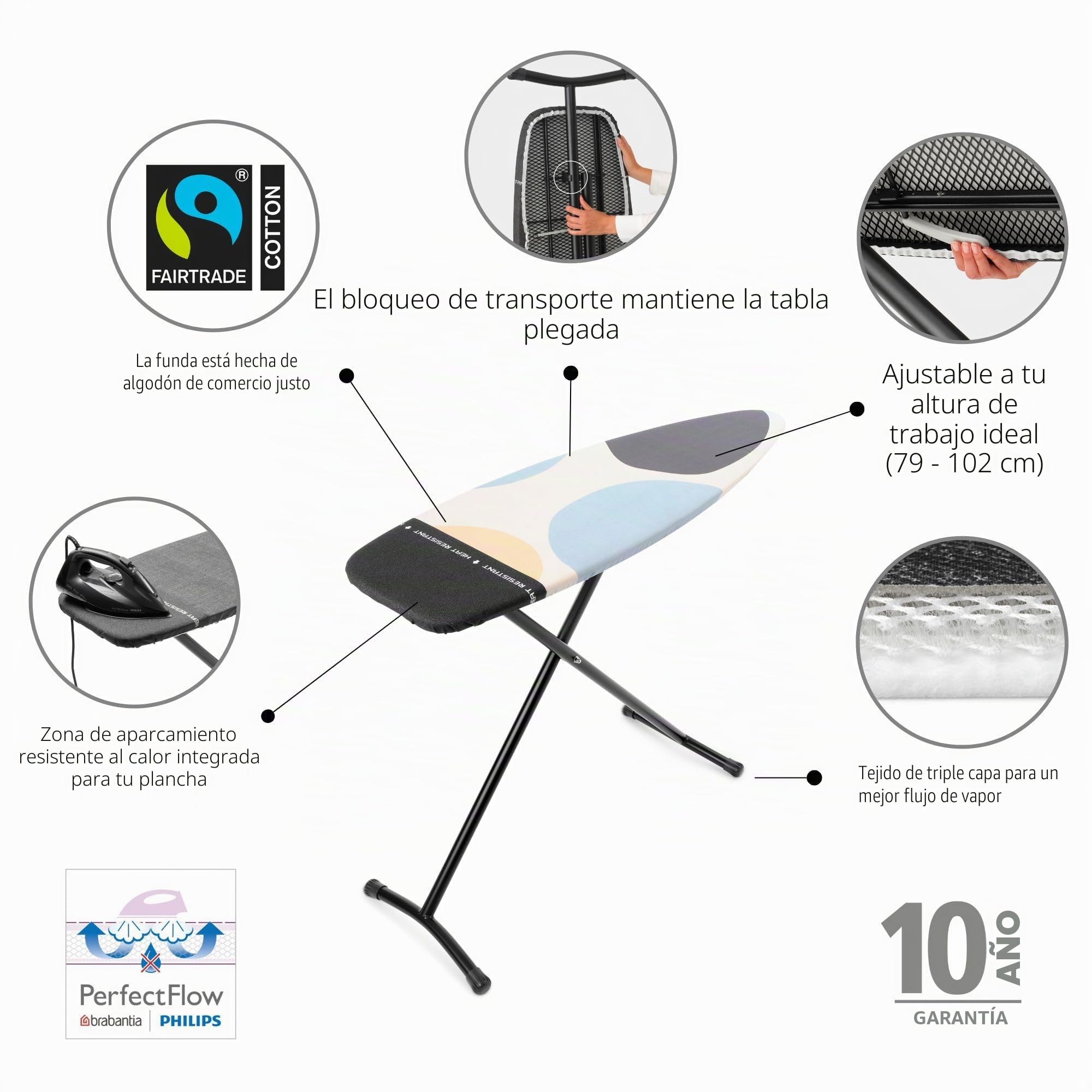 Brabantia - Mesa de Planchar D - para Plancha y Generador de Vapor - Universal Ajustable - No se Desliza y No Araña - área de Apoyo Resistente - Plegable - Spring Bubbles - 135x45 cm