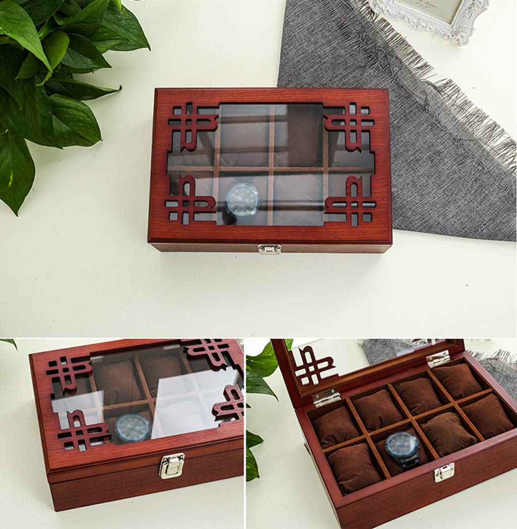MUSUMI Caja de almacenamiento de exhibición de reloj Estuche organizador de joyas de 8 rejillas con Hebilla de Metal bloqueable Superior de vidrio para Hombres/Mujeres - Rojo