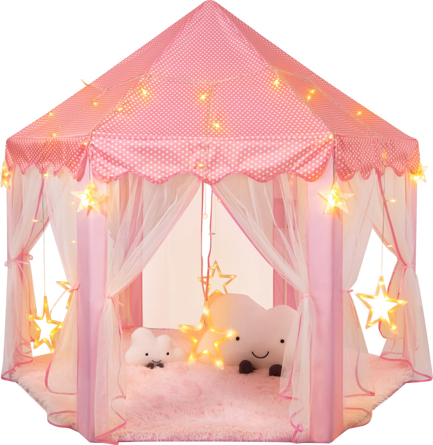 KIXINWA Pink Princess Tent for Girls, Kids Play Tent with LED Large Star Lights, Castle Playhouse Tent for Children Toddlers Indoor Outdoor Games, 55×53 Inches