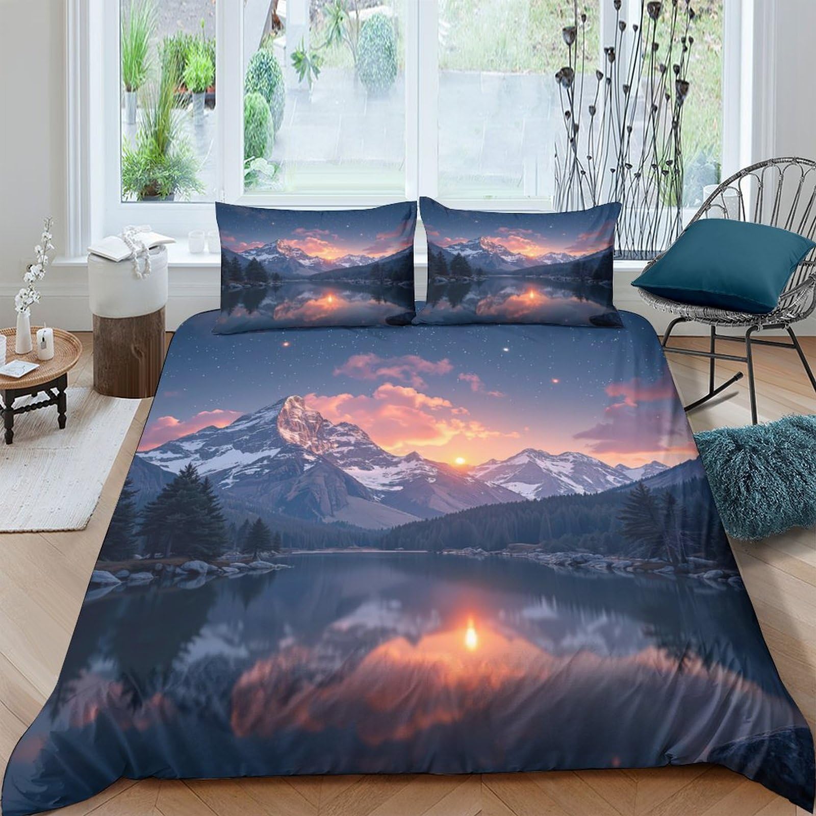 Ctjqhvkz Style-10 3D Printed Sunset Mountain Fitted Sheet Microfiber Breathable Lake Reflection Mattress Cover For Bedroom Home Decor Single（135X200cm）