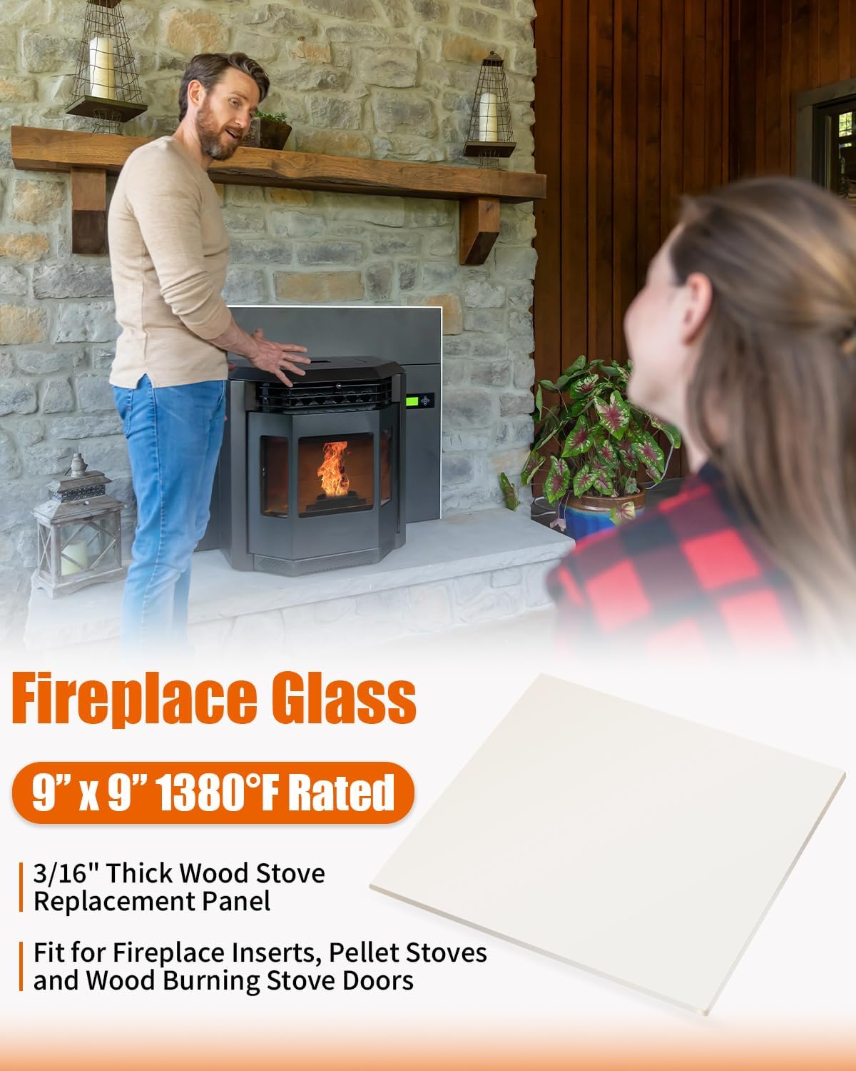 High-Temperature Ceramic Glass 9” x 9”, 1380°F Rated, 3/16" Thick Wood Stove Replacement Panel for Fireplace Inserts, Pellet Stoves, and Wood Burning Stove Doors