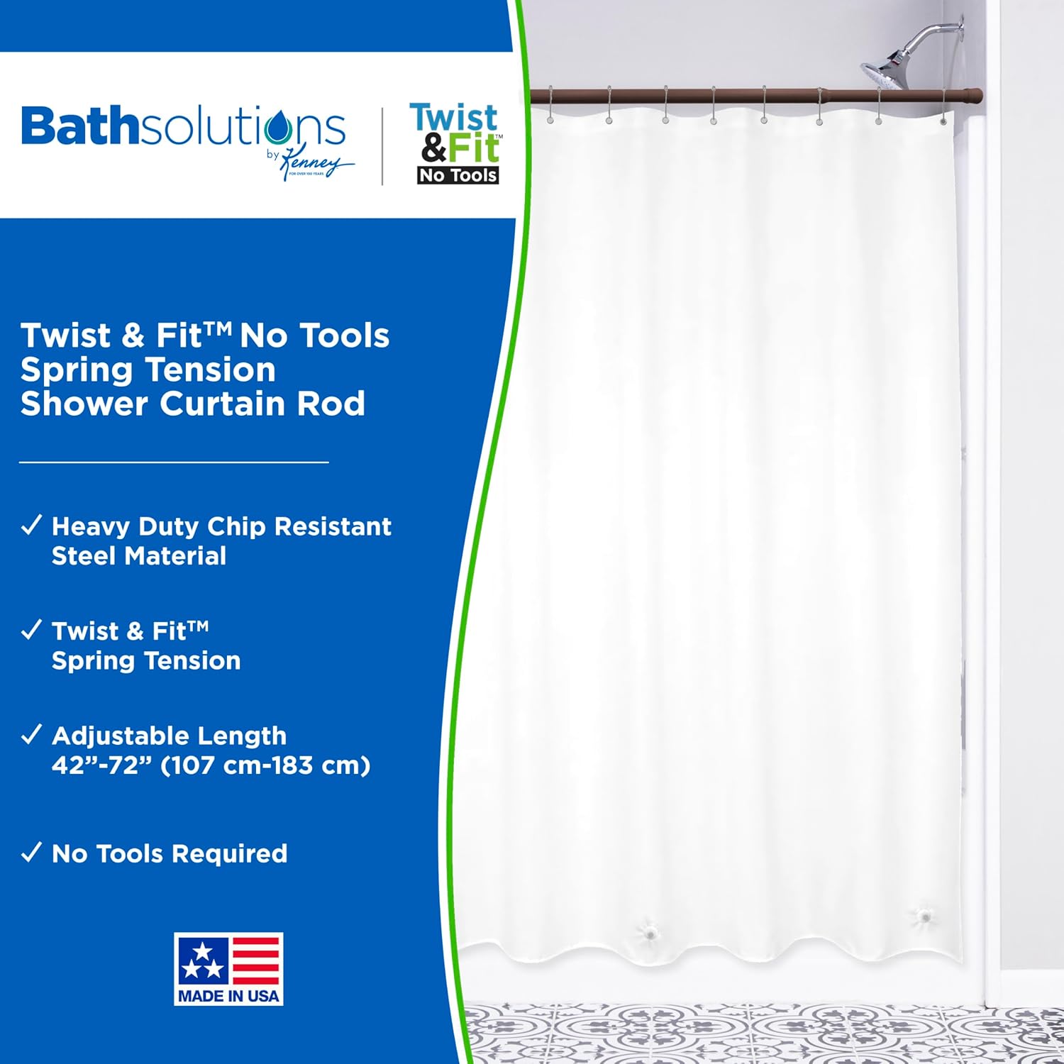 Kenney KN609L/15 Twist & Fit No Tools Spring Tension Standard Shower Curtain Rod with Non-Slip, Non-Scratch Ends, 42-72" Adjustable Length, Easy Install, Brown, 1" Diameter Rust Resistant Steel Tube