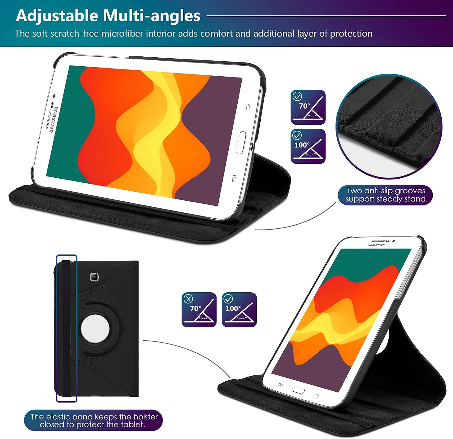 DETUOSI Rotating Case for Samsung Galaxy Tab 3 7.0" 2013 (SM-T210/T215/P3200), 360° Swivel Multi-Angle Stand Folio Lightweight Leather Book Cover + Protective Hard Back Shell + Elastic Strap Closure