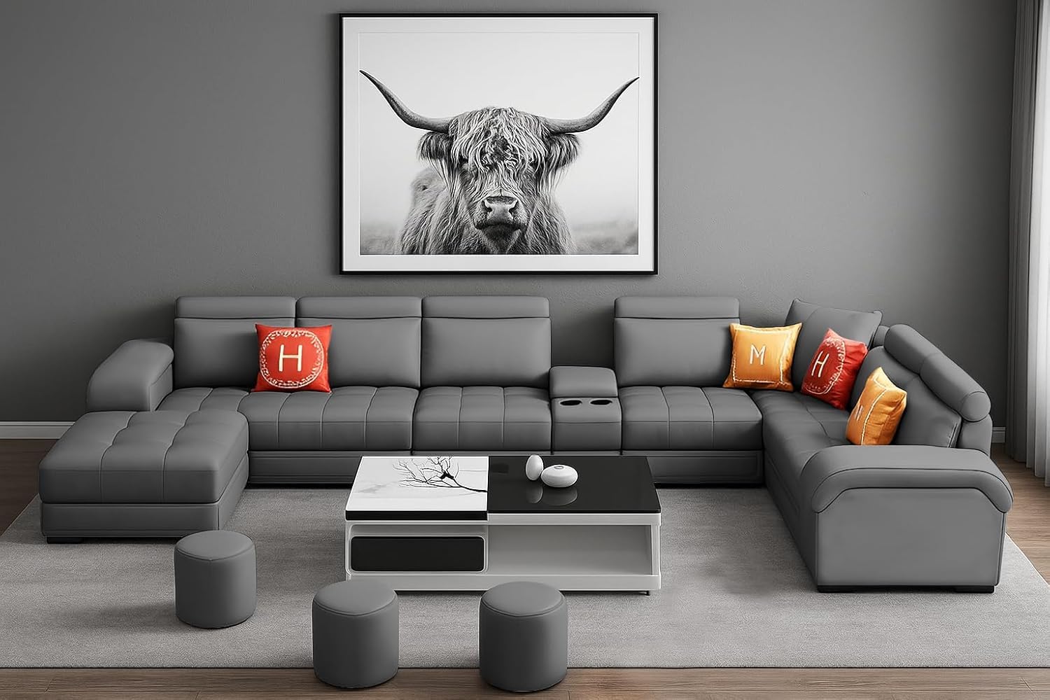 Emerson Modern U-Shaped Sectional Sofa Set 9 Seater, Sofa Couch with 3 Puffy for Hall (Dark Grey Colour) Premium Leatherette Fabric Sofa Set for Living Room-image-17